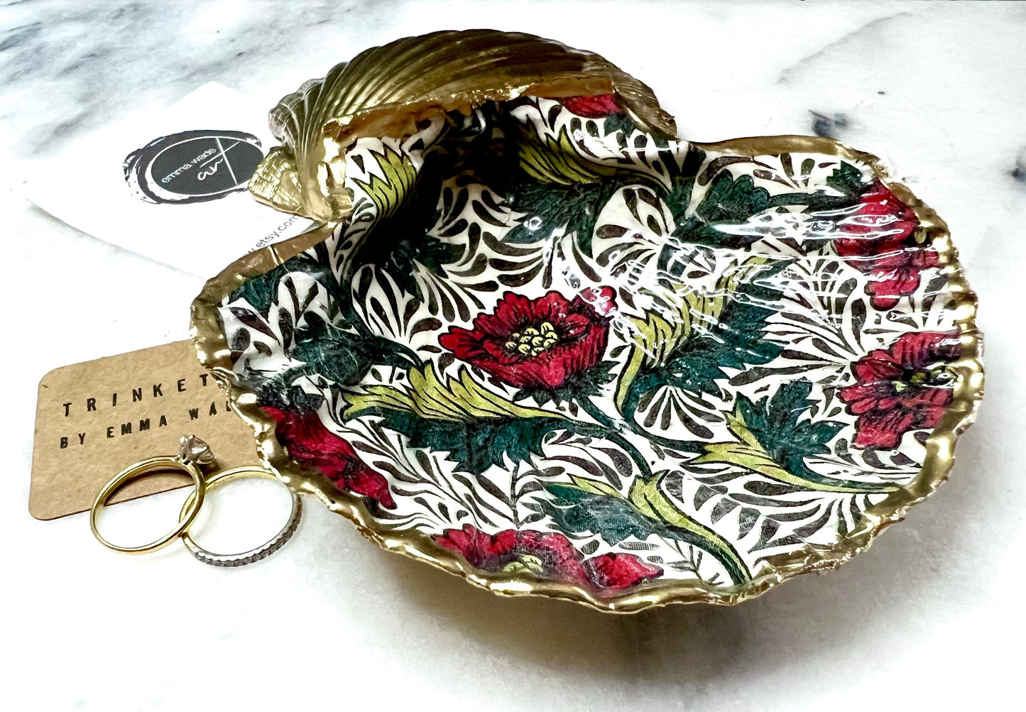 William Morris Red Peony Scallop Shell Trinket Dish with Gold Leaf