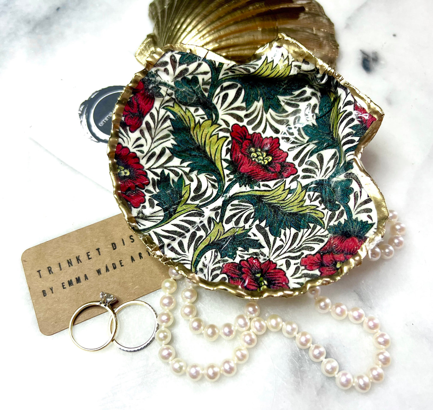 William Morris Red Peony Scallop Shell Trinket Dish with Gold Leaf