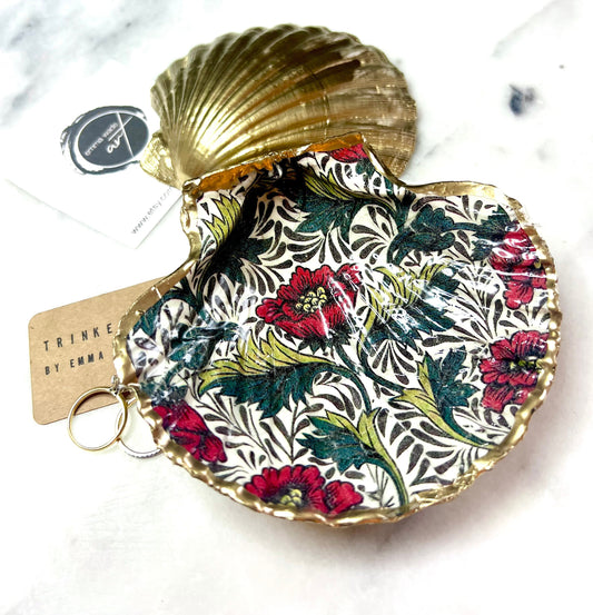 William Morris Red Peony Scallop Shell Trinket Dish with Gold Leaf