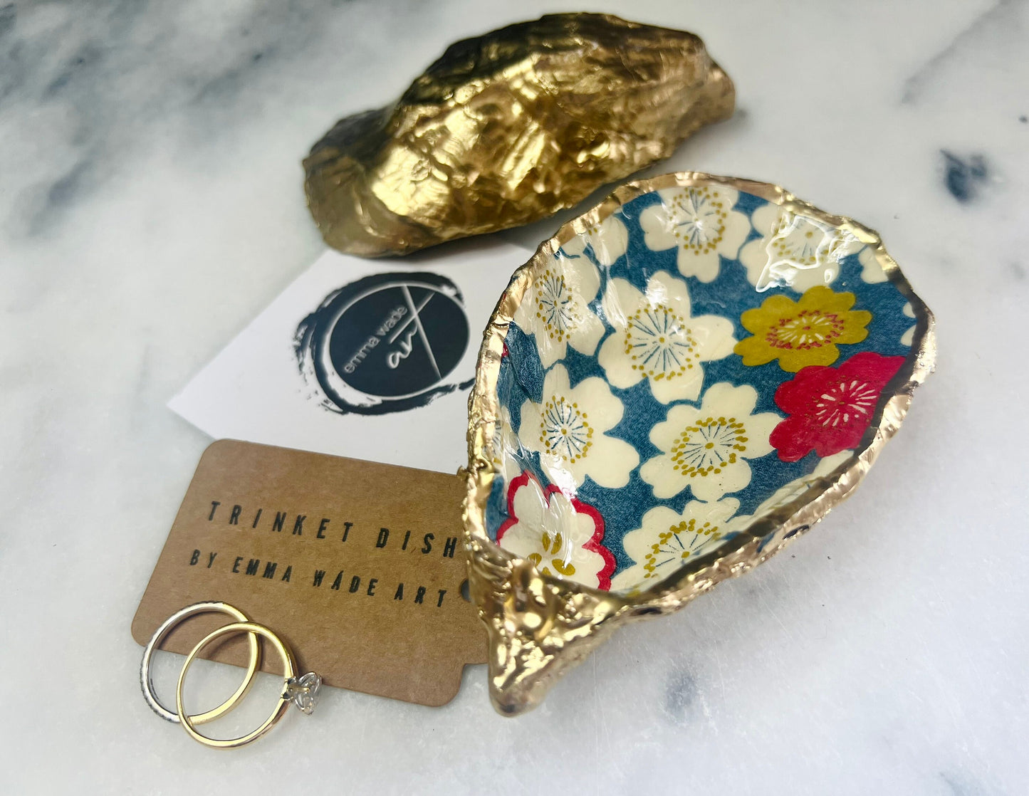 gifts for her, decorated dish, jewellery trinket dish, serving dish, coastal decor, shell decorations, decorative accessories, decoupaged oyster shell, coastal gift idea, sakura gift, flower gift, handmade gift, https://emmawadeart.etsy.com/