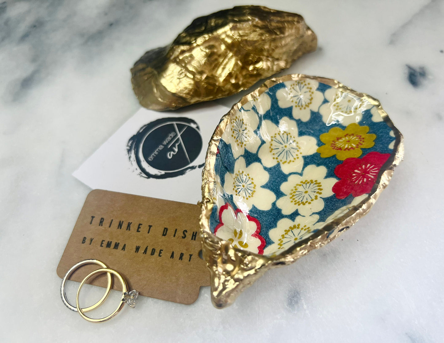 gifts for her, decorated dish, jewellery trinket dish, serving dish, coastal decor, shell decorations, decorative accessories, decoupaged oyster shell, coastal gift idea, sakura gift, flower gift, handmade gift, https://emmawadeart.etsy.com/
