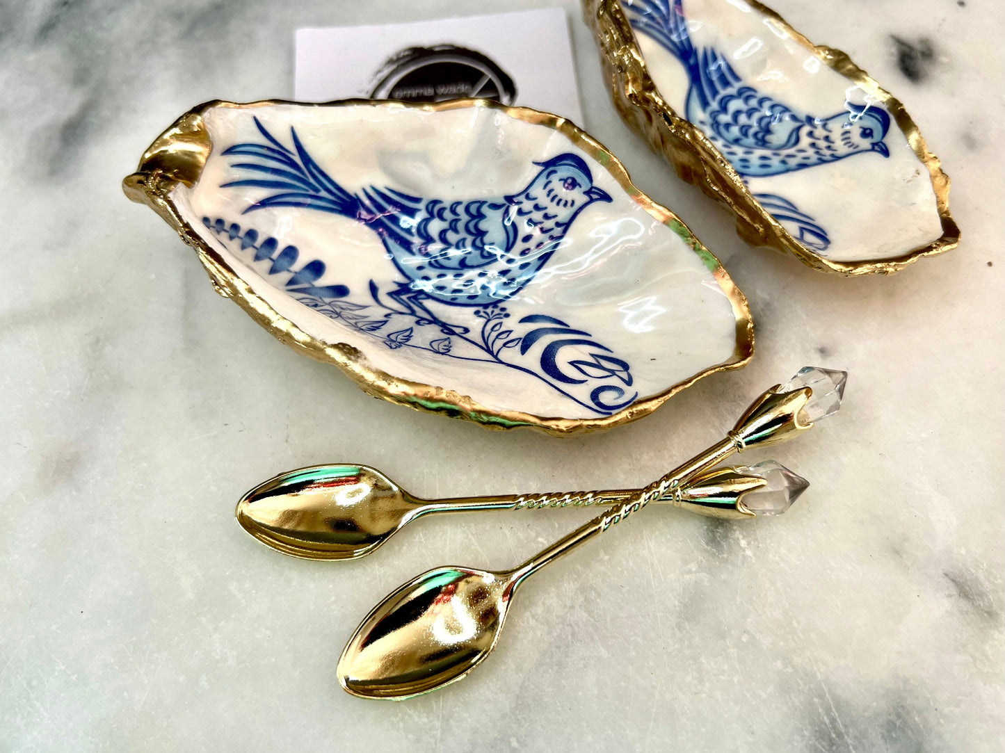 Oyster Shell Salt & Pepper Pinch Pots: Blue Bird Decor, Gold Leaf Trim