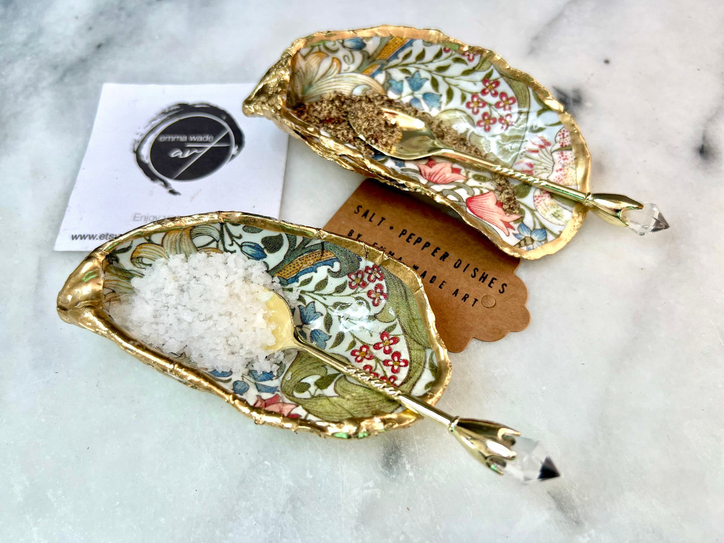 gifts for her, decorated dish, William Morris golden lily, serving dish, pinch pots, spice pots, unique wedding gift, golden anniversary, gold oyster shell, Salt anniversary, Salt cellar golden lily, salt and pepper dishes, coastal gifts, flower gift, dining decor, kitchen decor, gift for mum, William Morris gift, EmmaWadeART, cruet set, host gift, seashell gift, salt dish, new home gift, oyster shell dish, golden shell dish, salt pepper pinch pots