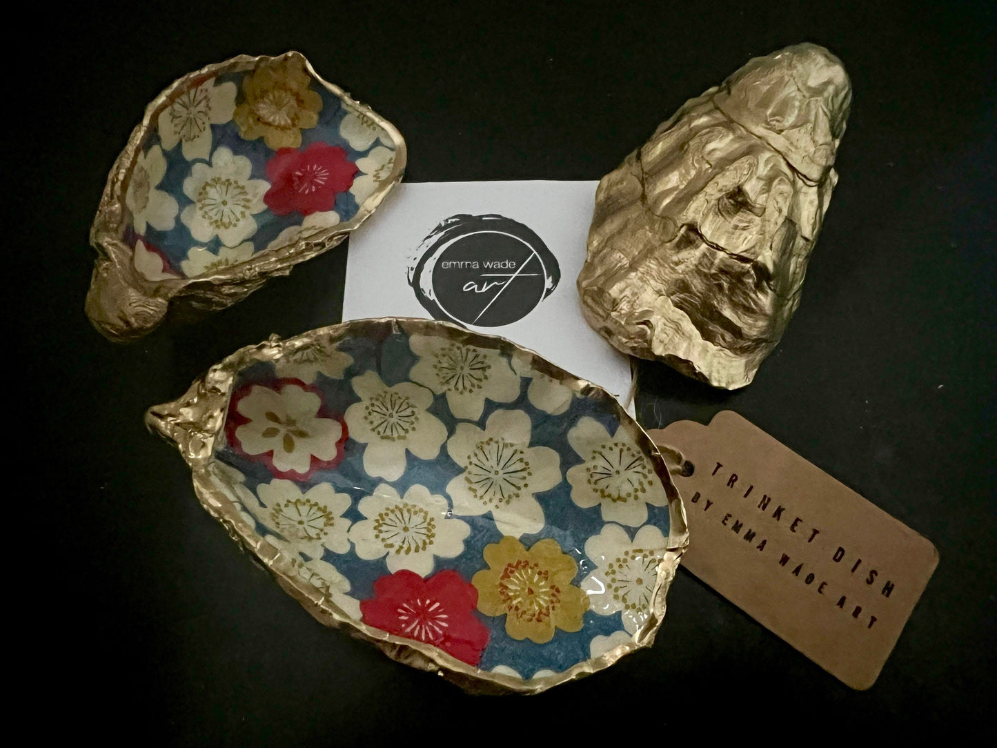 Japanese Sakura Cherry Blossom Floral Oyster Shell Trinket Dish: Gold Leaf Jewelry Dish, Coastal Gift, Host Gift