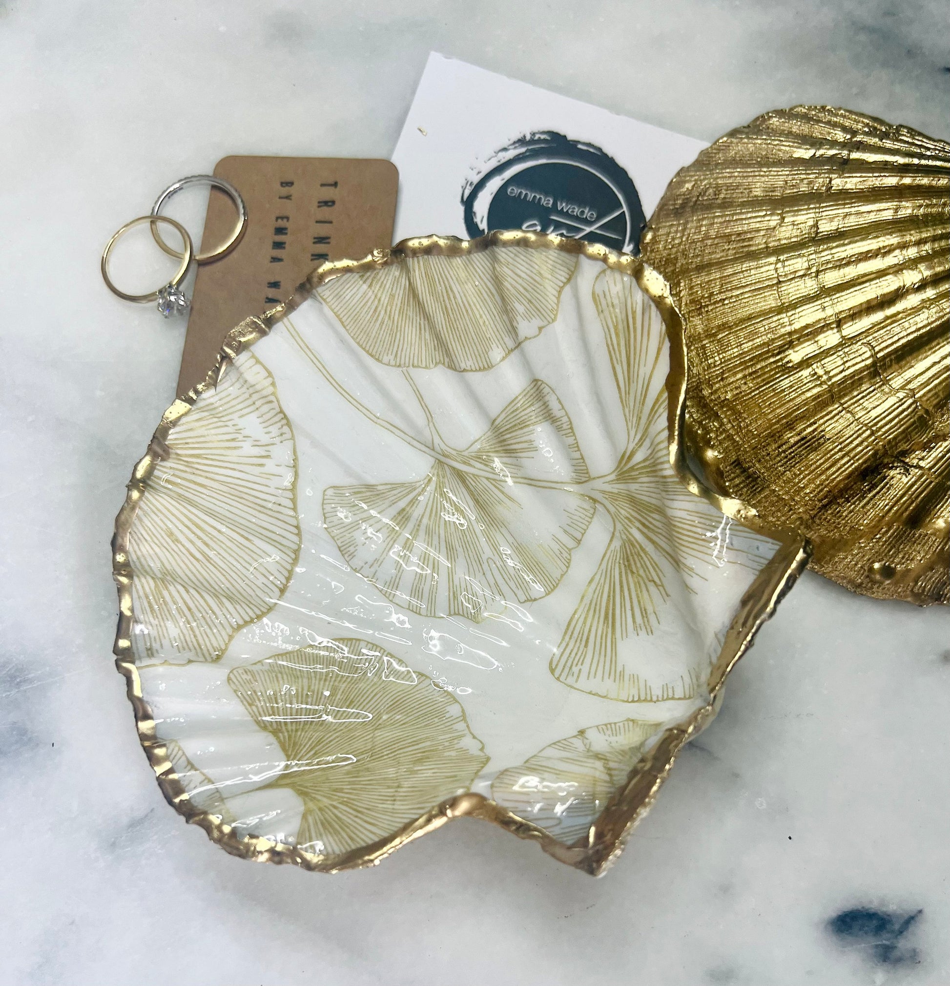 Ocean decor, gift for her, decoupage shell dish, Ocean decor, shell trinket dish, Gold Gingko decor, Shell dish, Jewellery dish, Ocean Art, Gift for him, Mothers Day gift, Easter gift, Chinese Decor, EmmawadeART,