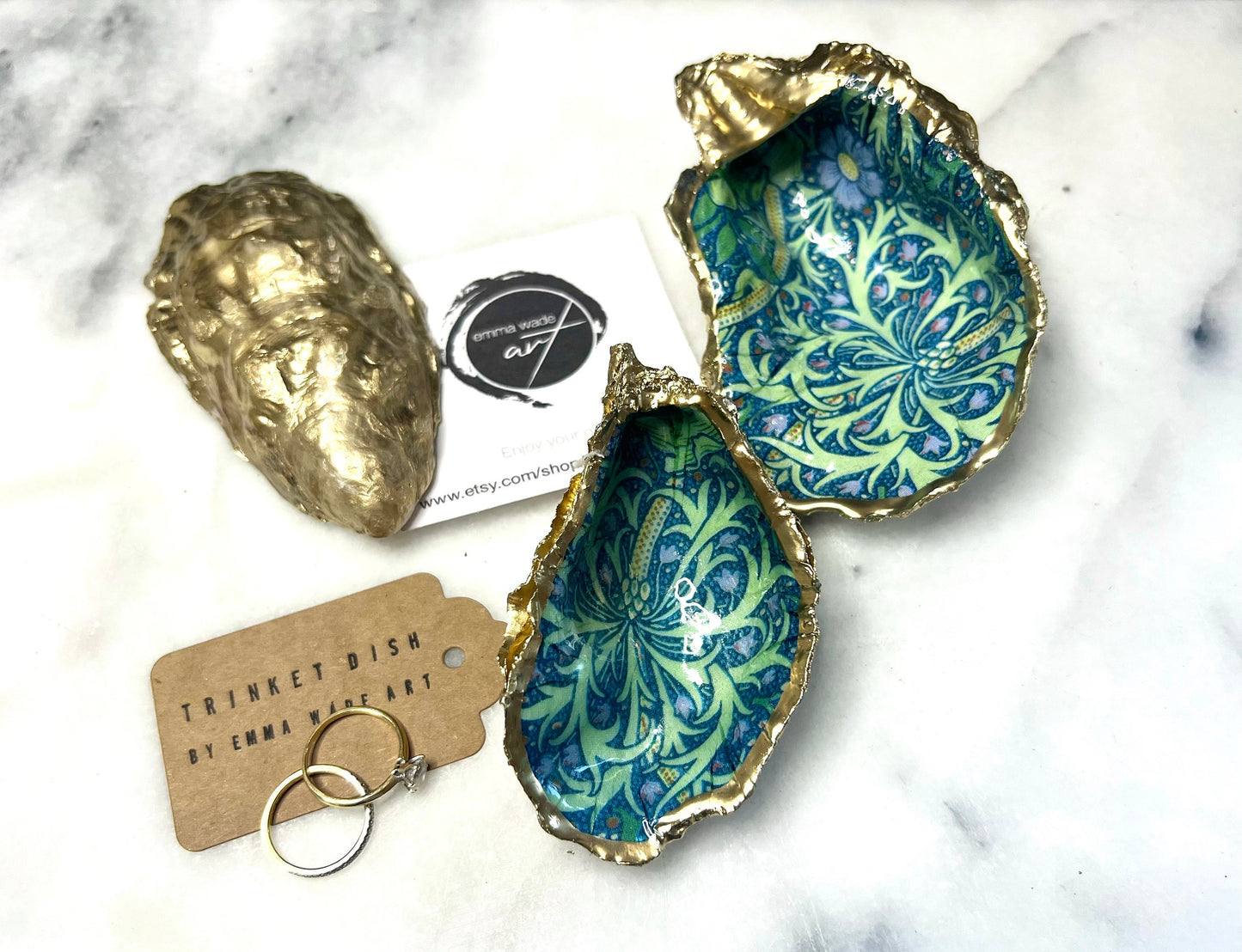 William Morris Oyster Shell Trinket Dish | Gold Leaf Green Blue Seaweed Jewellery Dish | Handmade Coastal Decor | Unique Gift
