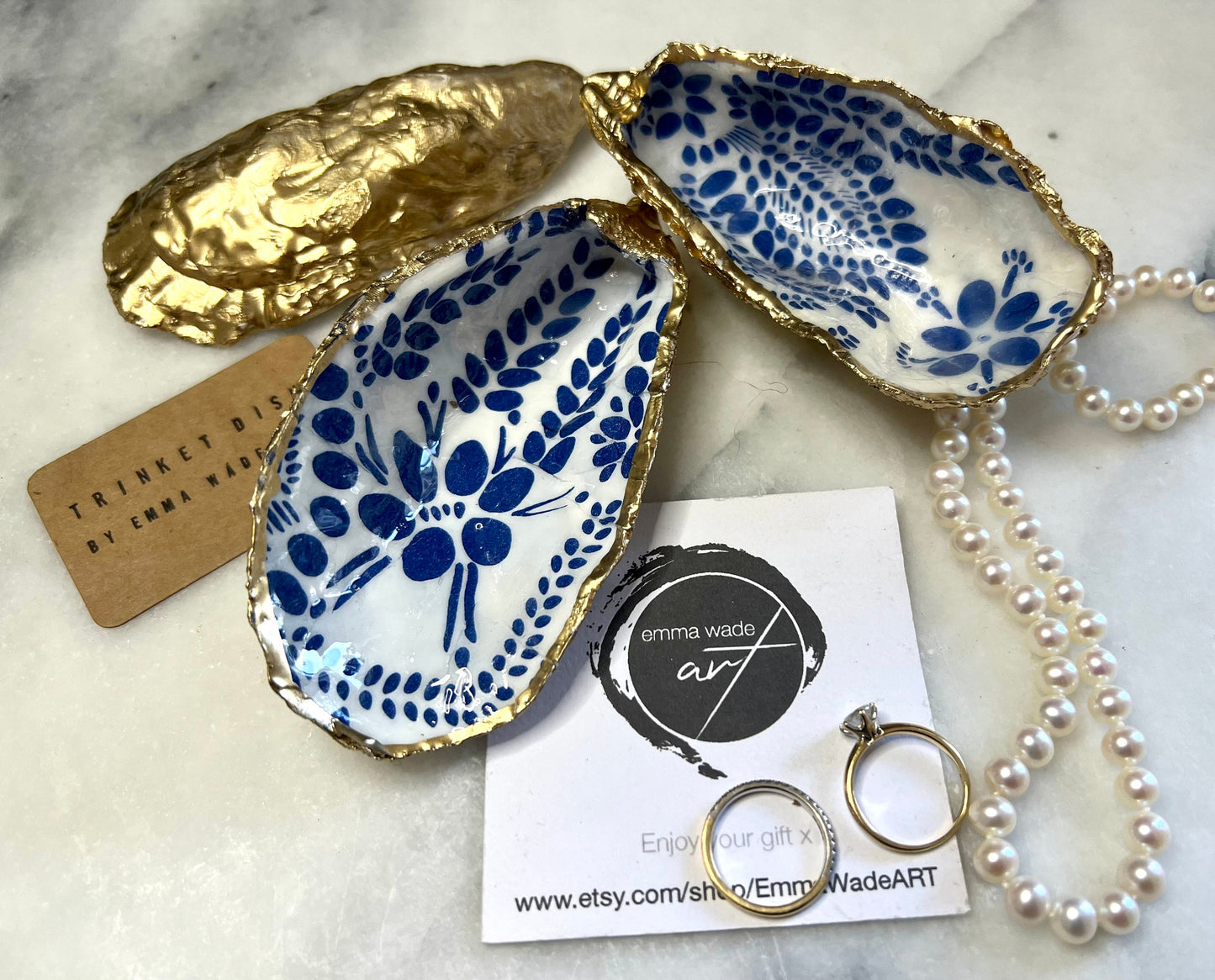 Scandanavian Marimekko Blue Floral Dorset Oyster Shell Trinket Dish: Gold Leaf Shell Ring Holder, Coastal Gift, Handmade Shell Dish
