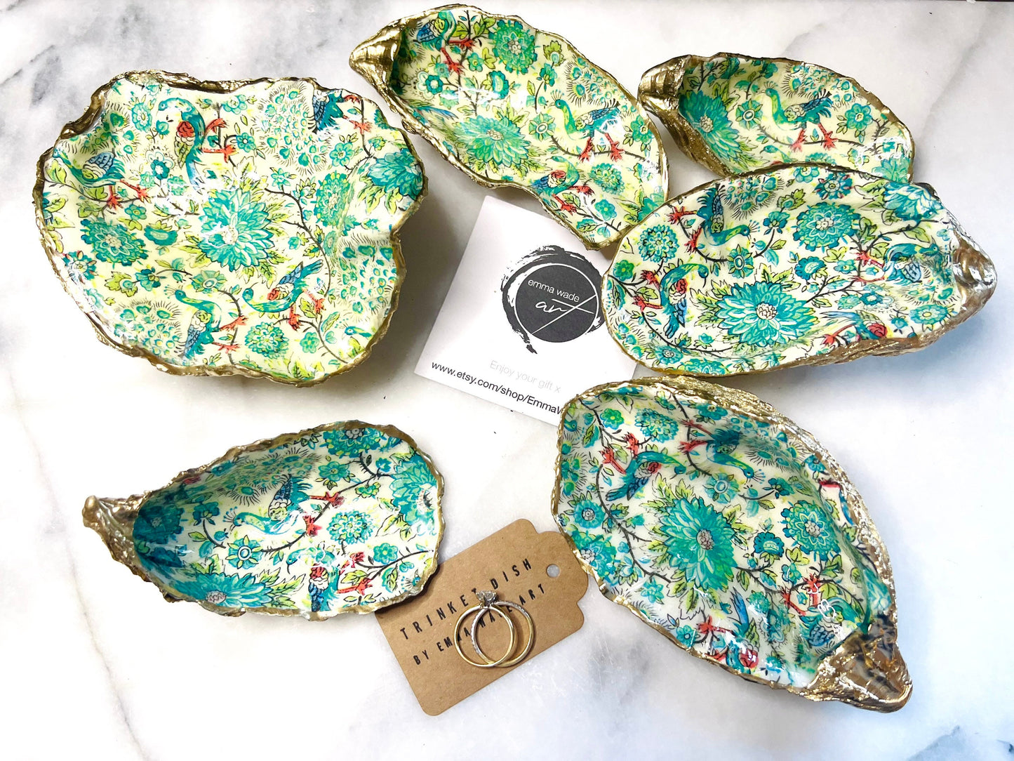 Hand Gilded Peacock Oyster Shell Trinket Dish: Dorset Coastal Decor, Dorset Shell Ring Holder, Bird lover gift