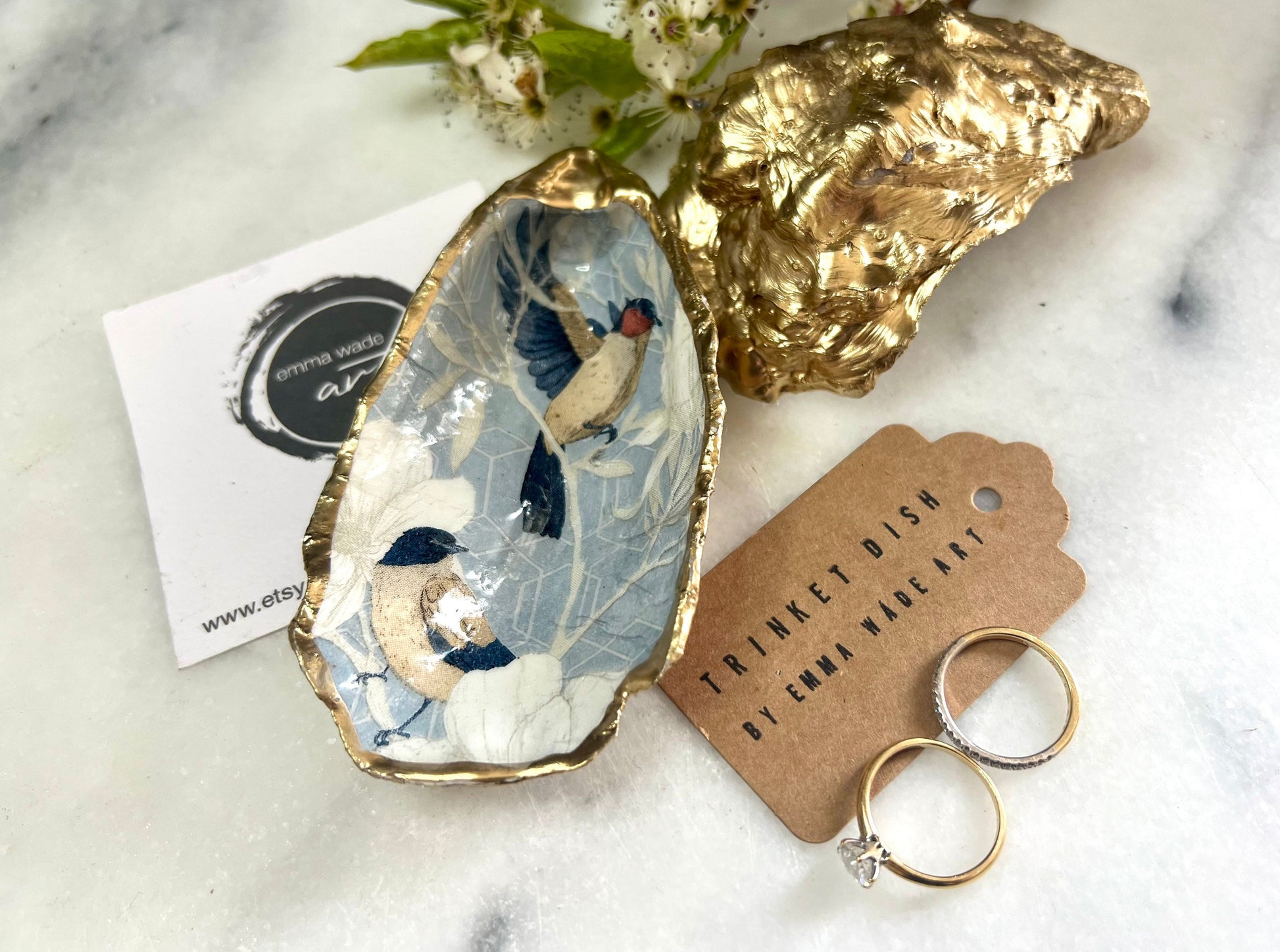 blue birds oyster shell, birds of paradise shell dish, oyster trinket dish, oyster jewellery holder, coastal oyster decor, handmade ring dish, Dorset shell gift, gold leaf oyster shell, oyster shell ornament, bird design oyster dish, oyster shell tealight holder, salt and pepper oyster dish, unique coastal wedding gift, handmade oyster trinket, ocean inspired oyster dish, nautical shell home decor, eco friendly oyster shell, oyster shell bridesmaid gift, oyster jewellery storage