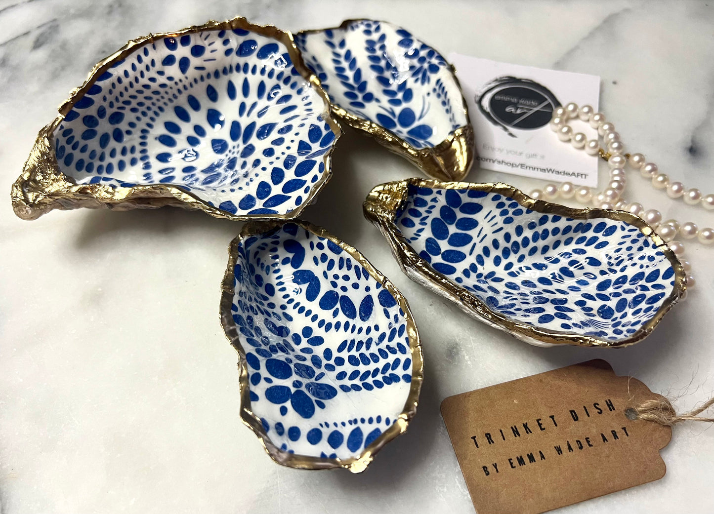 Scandanavian Marimekko Blue Floral Dorset Oyster Shell Trinket Dish: Gold Leaf Shell Ring Holder, Coastal Gift, Handmade Shell Dish