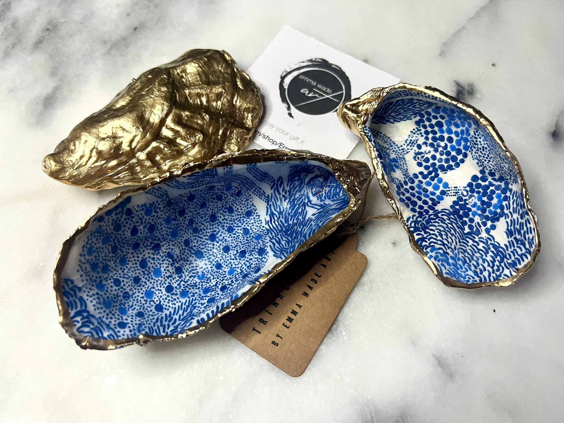 Blue Marimekko Oyster Shell Trinket Dish | Hand Gilded Gold Leaf Jewellery Holder | Scandinavian Coastal Decor