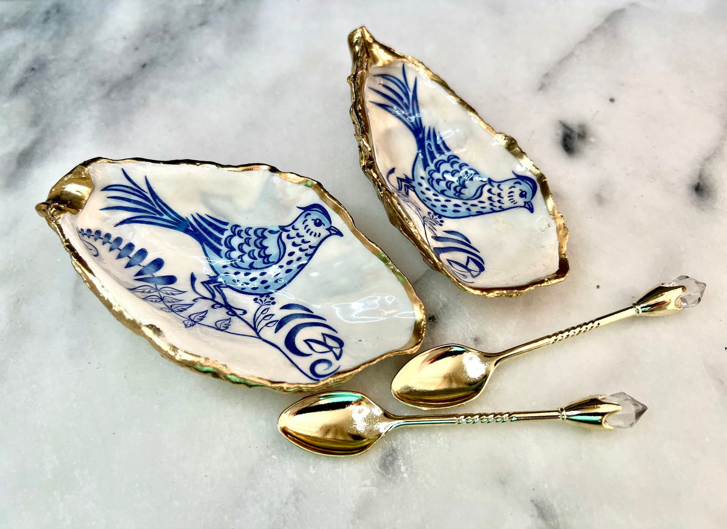 Oyster Shell Salt & Pepper Pinch Pots: Blue Bird Decor, Gold Leaf Trim