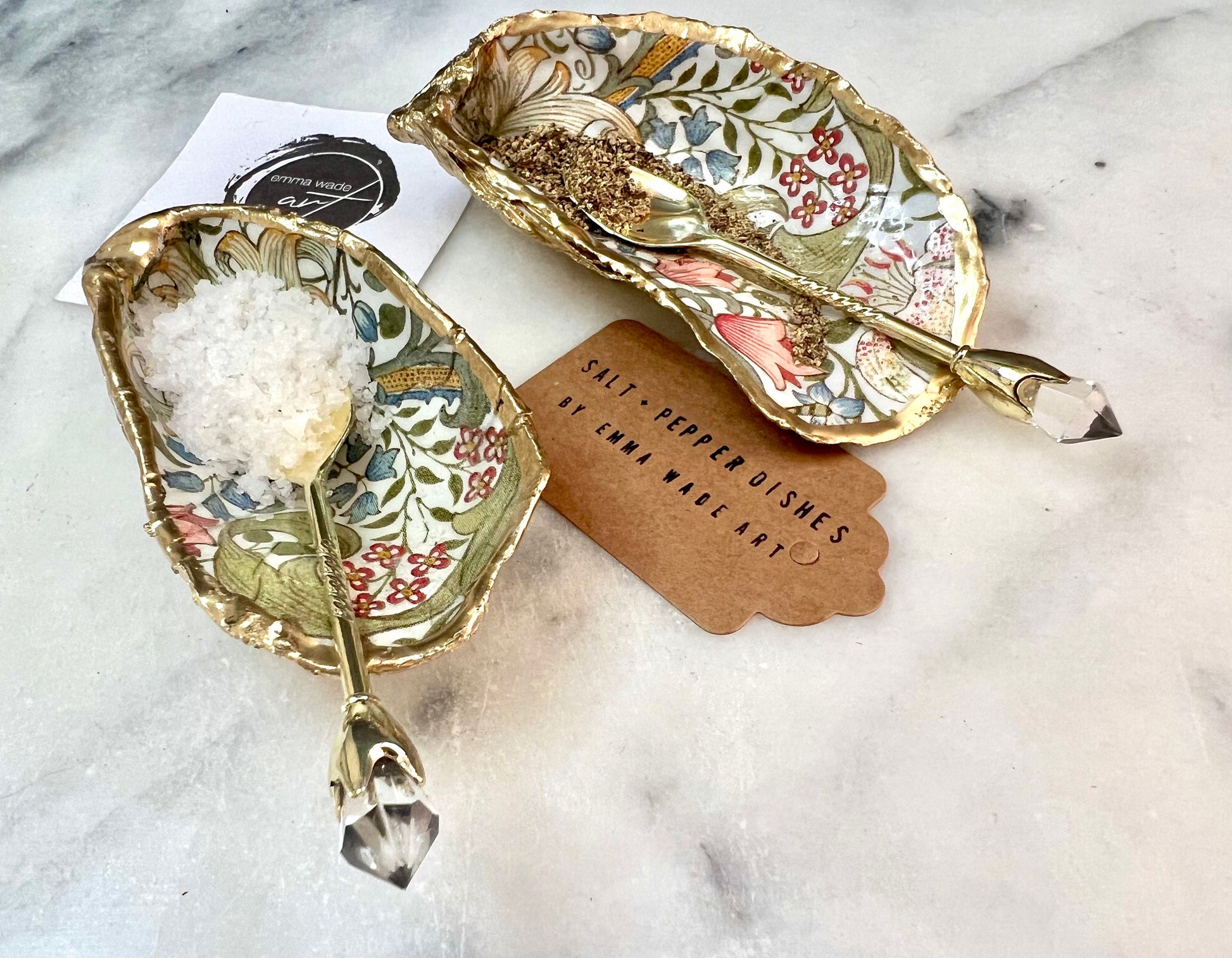 gifts for her, decorated dish, William Morris golden lily, serving dish, pinch pots, spice pots, unique wedding gift, golden anniversary, gold oyster shell, Salt anniversary, Salt cellar golden lily, salt and pepper dishes, coastal gifts, flower gift, dining decor, kitchen decor, gift for mum, William Morris gift, EmmaWadeART, cruet set, host gift, seashell gift, salt dish, new home gift, oyster shell dish, golden shell dish, salt pepper pinch pots