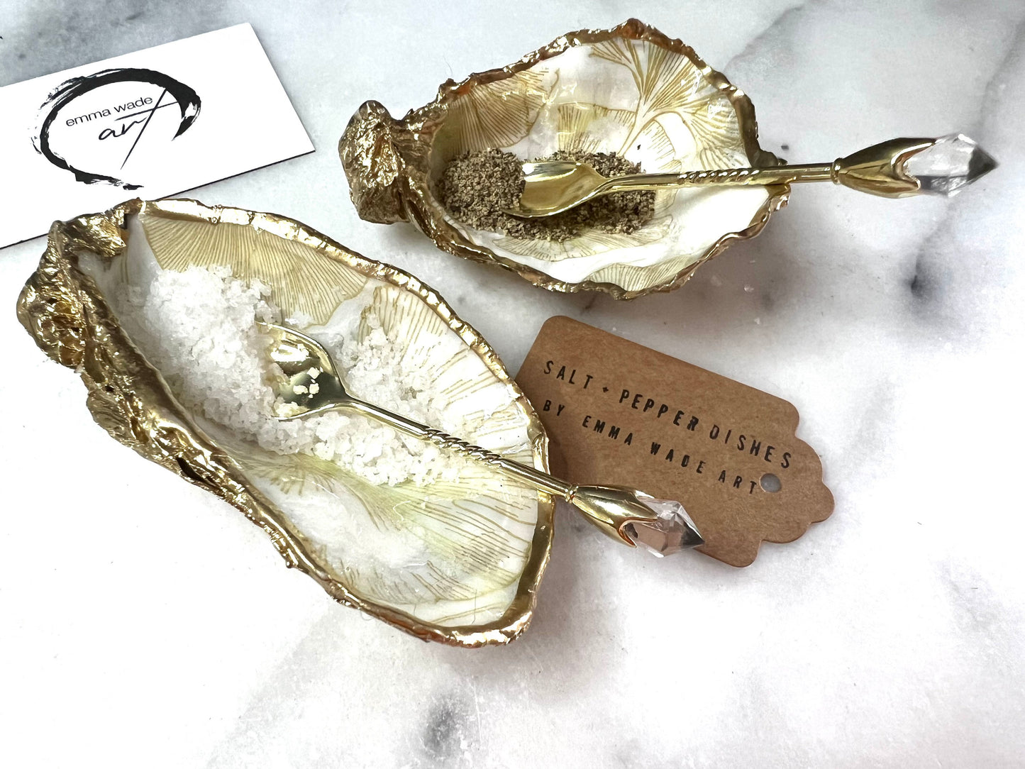 A Pair of Japanese Ginkgo Oyster Salt and Pepper Pinch Pots | Gold Leaf Floral Shell Cruet Set | Salt Anniversary Gift | Add on Gold Spoons