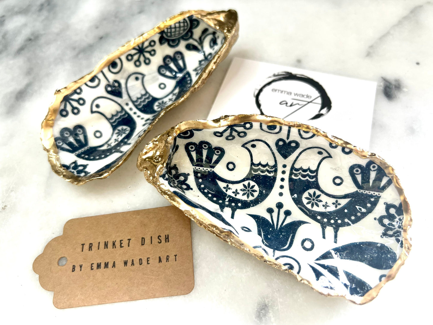 Marimekko flowers and birds oyster shell trinket dish, handmade coastal décor, Dorset shell jewellery holder, gold leaf gilded ornament, unique ocean-inspired gift, oyster shell ring dish, wedding favour, anniversary gift, handmade eco-friendly shell bowl, nautical bathroom accessory, salt and pepper pinch pot, tea light holder, sustainable oyster shell art, luxury coastal tableware, perfect gift for nature and design lovers.