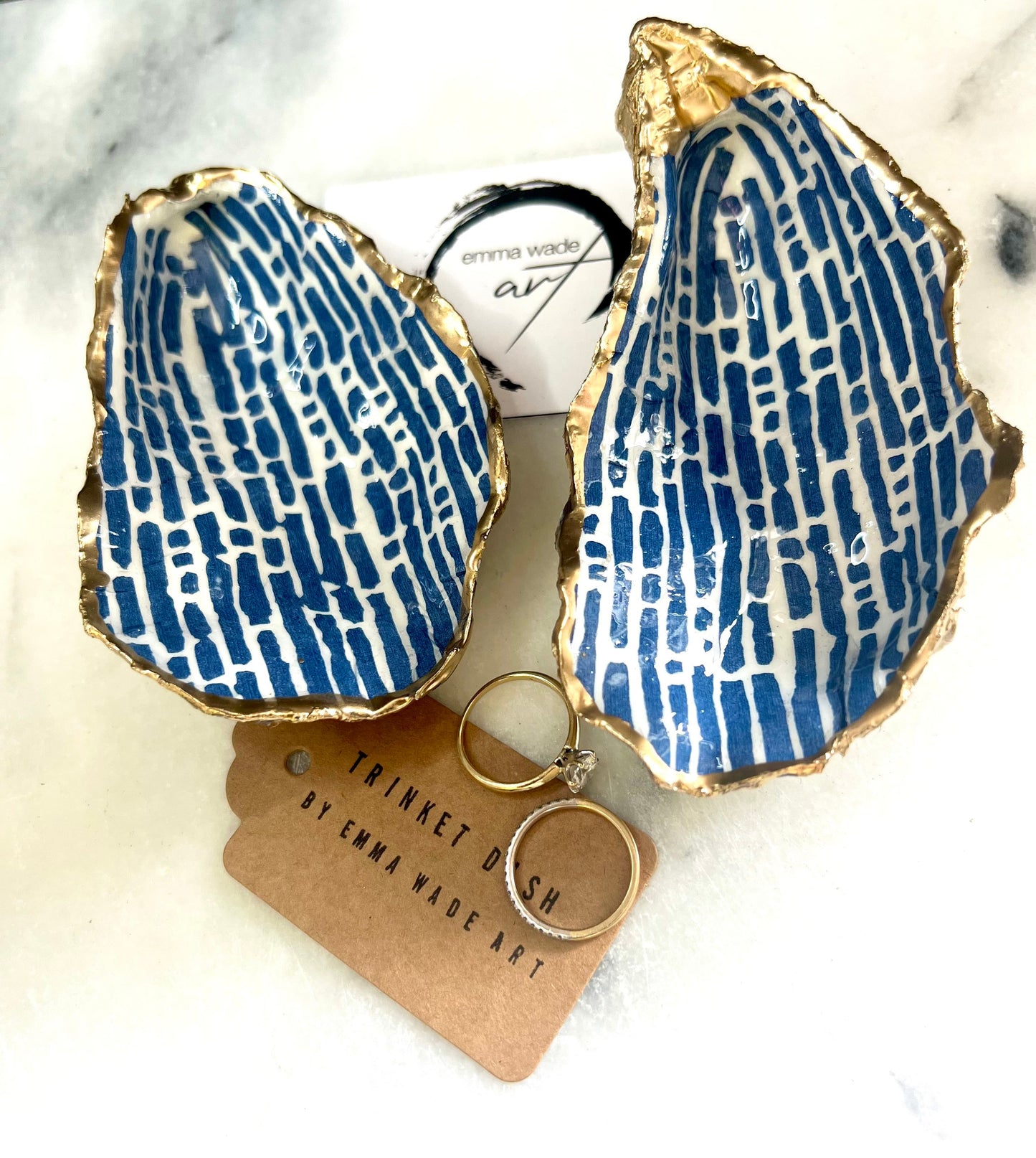 Original Handmade Natural Oyster Shell Trinket Dish: Blue Lines, Gilded Gold Leaf Ring Dish, Host Gift