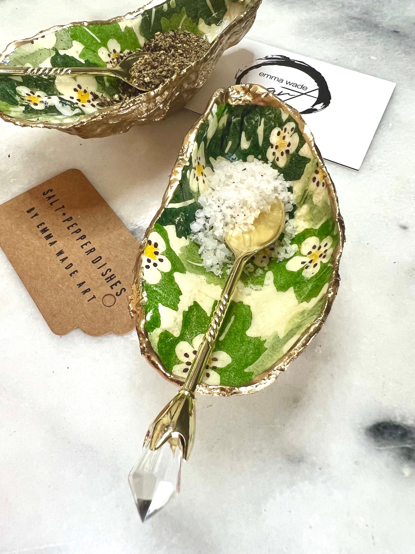 Oyster salt and pepper dish, coastal gift, spice pots, kitchen decor, handmade gift, decoupaged shell, oyster ornament, gift for her, wedding gift idea, anniversary gift, hand painted oyster dish, Emma Bridgewater gift, https://emmawadeart.etsy.com/