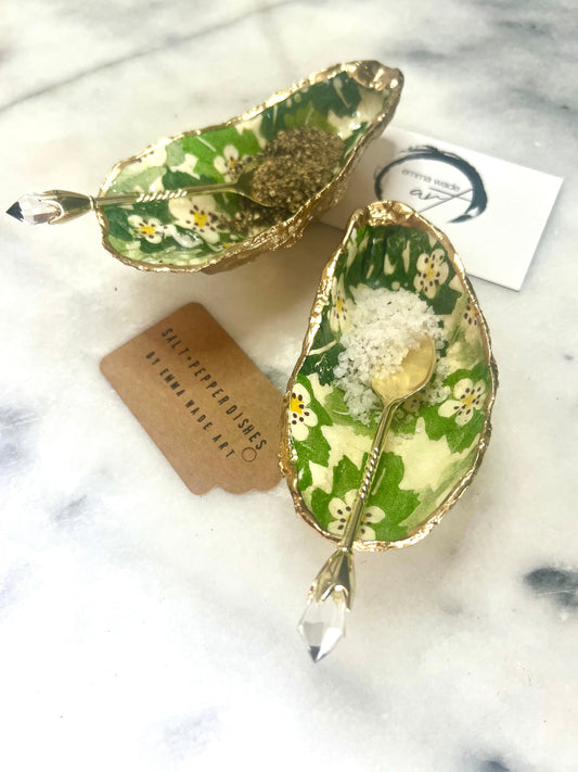 Oyster salt and pepper dish, coastal gift, spice pots, kitchen decor, handmade gift, decoupaged shell, oyster ornament, gift for her, wedding gift idea, anniversary gift, hand painted oyster dish, Emma Bridgewater gift, https://emmawadeart.etsy.com/
