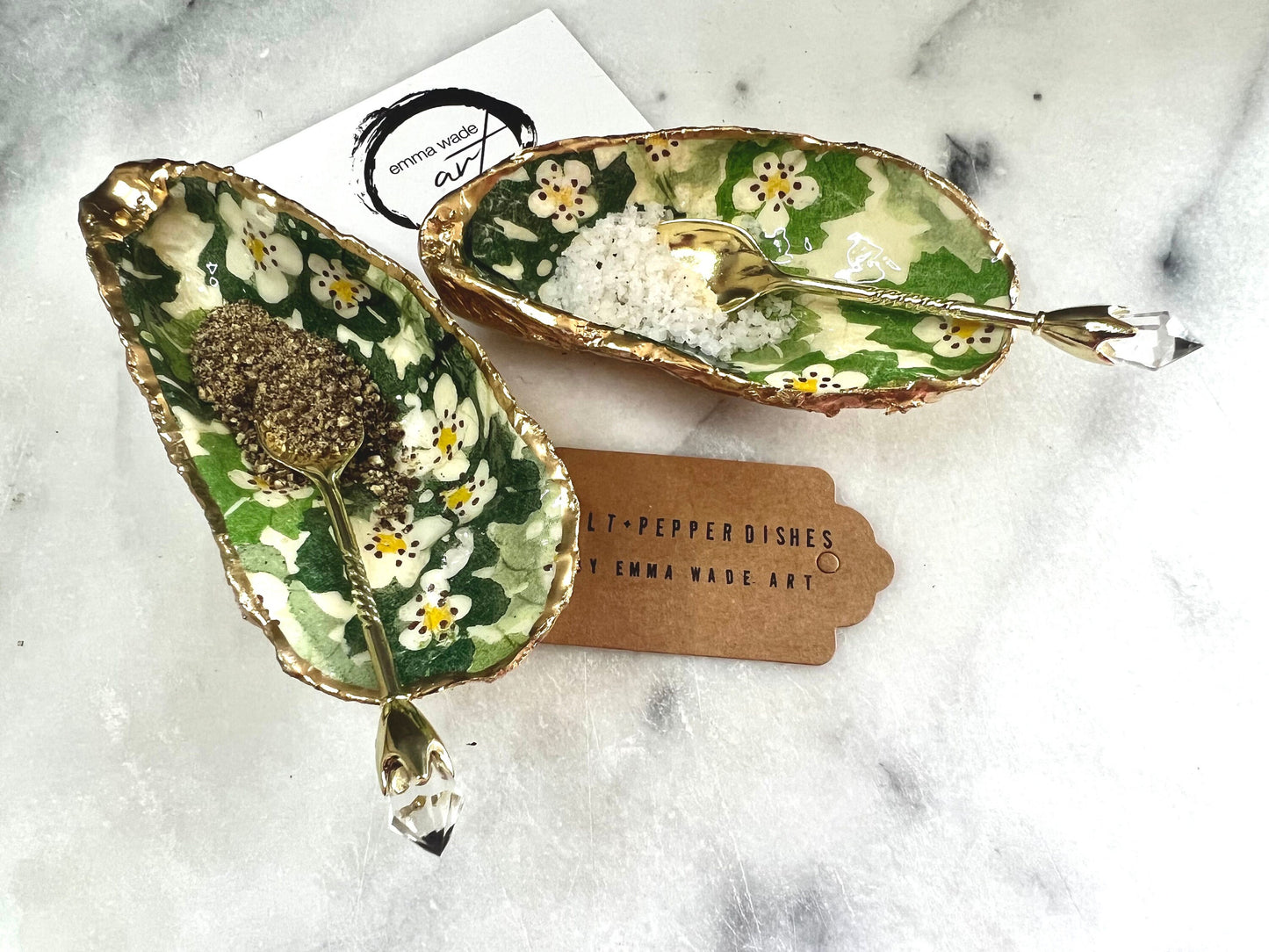 Oyster salt and pepper dish, coastal gift, spice pots, kitchen decor, handmade gift, decoupaged shell, oyster ornament, gift for her, wedding gift idea, anniversary gift, salt and pepper set, Emma Bridgewater gift, https://emmawadeart.etsy.com/