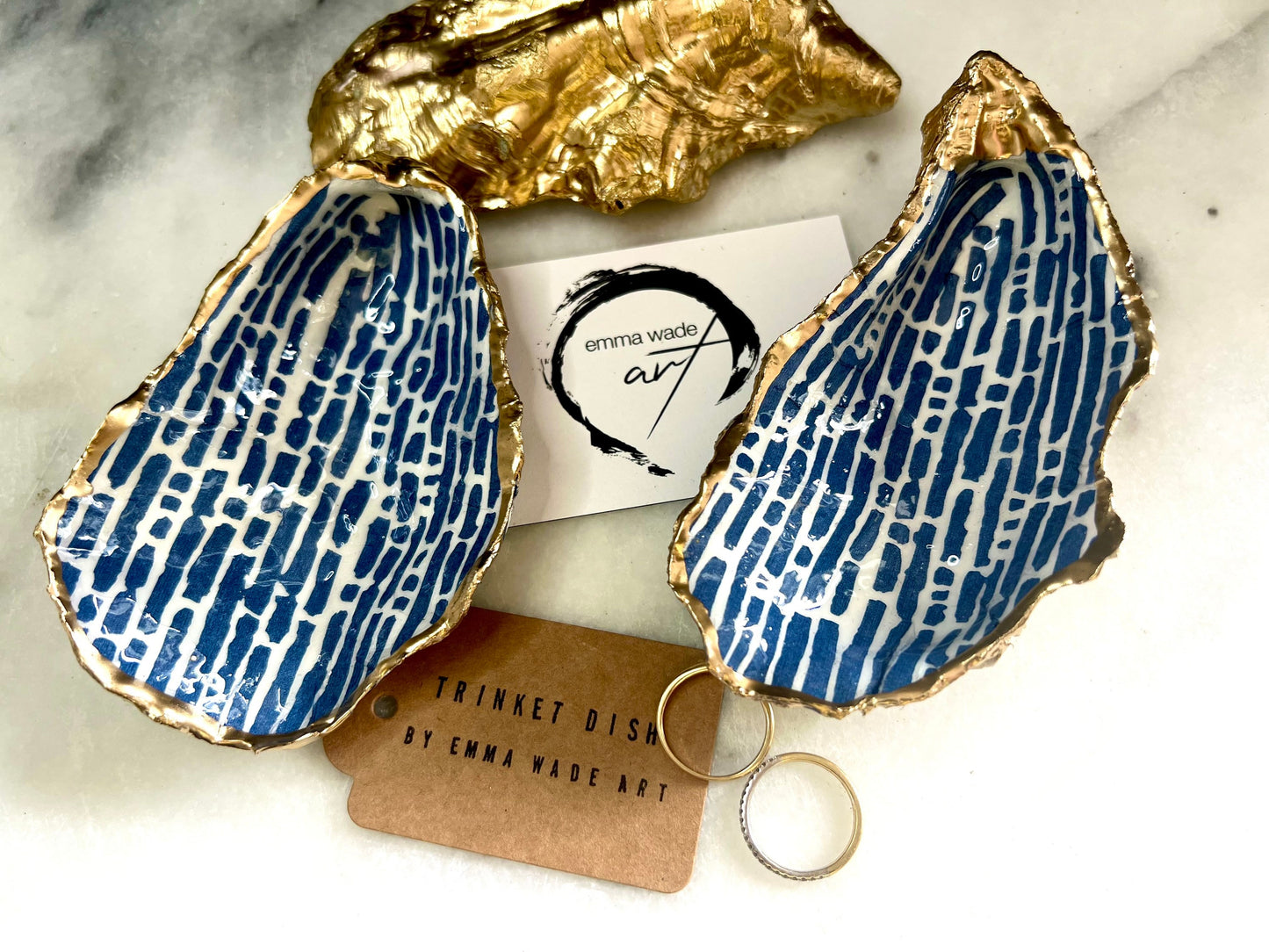 Original Handmade Natural Oyster Shell Trinket Dish: Blue Lines, Gilded Gold Leaf Ring Dish, Host Gift