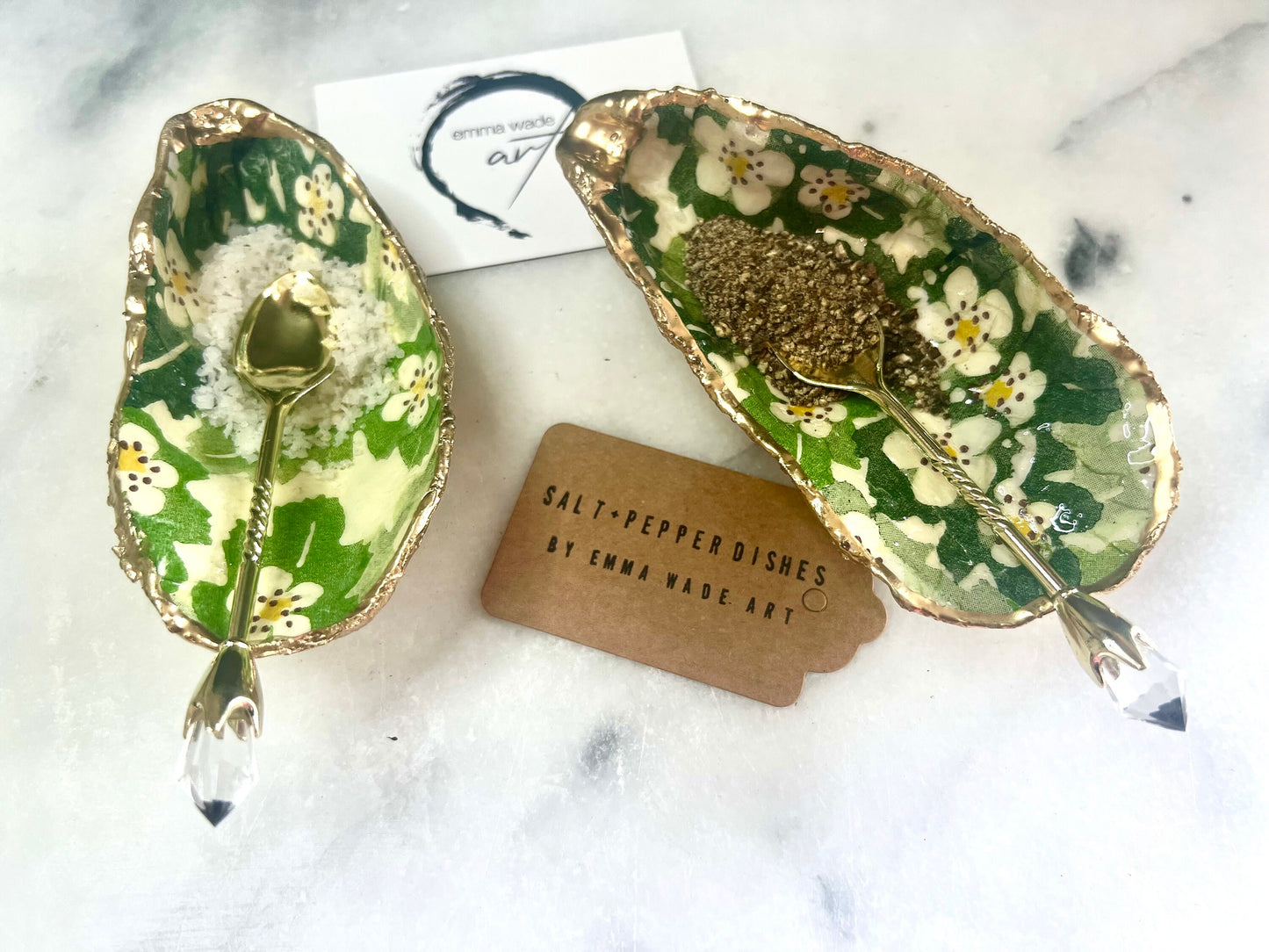 Oyster salt and pepper dish, coastal gift, spice pots, kitchen decor, handmade gift, decoupaged shell, oyster ornament, gift for her, wedding gift idea, anniversary gift, salt and pepper set, Emma Bridgewater gift, https://emmawadeart.etsy.com/