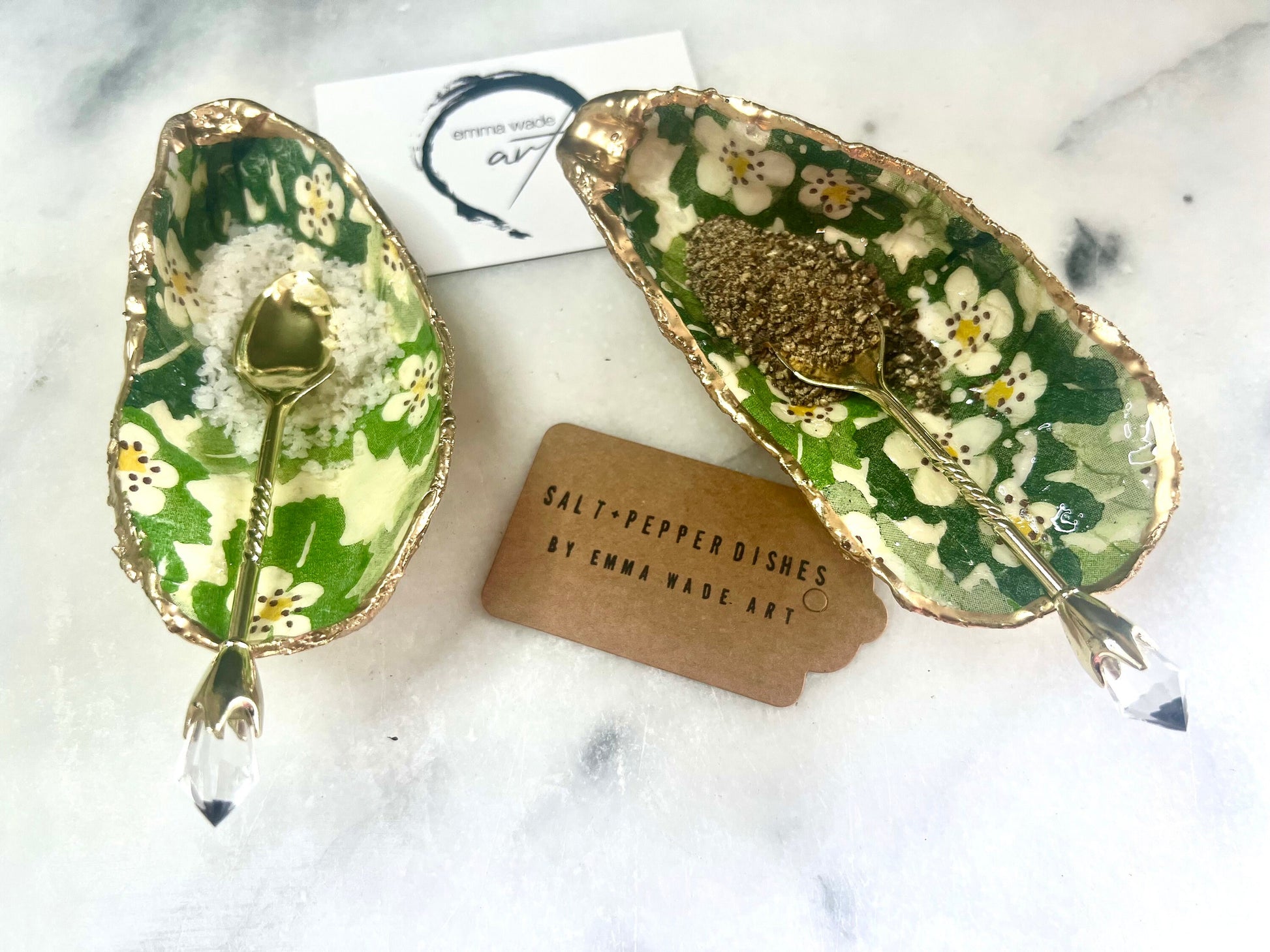 Oyster salt and pepper dish, coastal gift, spice pots, kitchen decor, handmade gift, decoupaged shell, oyster ornament, gift for her, wedding gift idea, anniversary gift, salt and pepper set, Emma Bridgewater gift, https://emmawadeart.etsy.com/