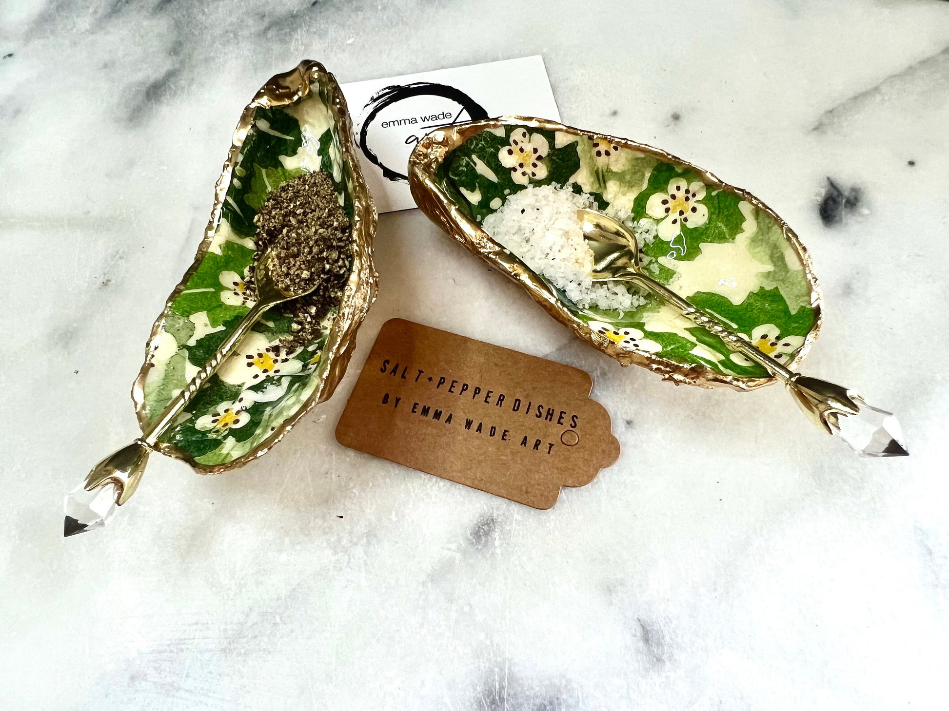 Oyster salt and pepper dish, coastal gift, spice pots, kitchen decor, handmade gift, decoupaged shell, oyster ornament, gift for her, wedding gift idea, anniversary gift, hand painted oyster dish, Emma Bridgewater gift, https://emmawadeart.etsy.com/