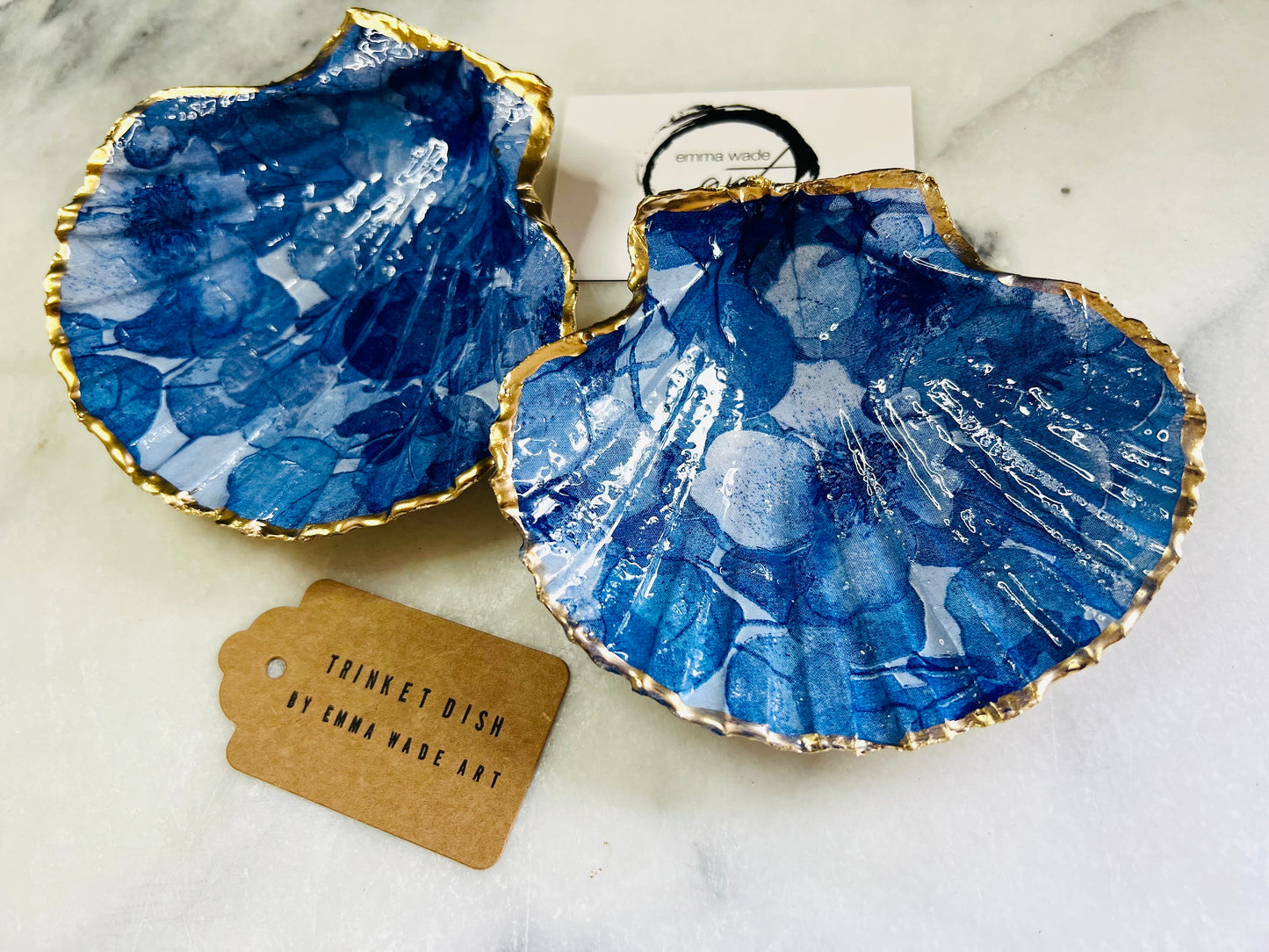 Deep Blue Watercolour Floral Scallop Shell Trinket Dish | Gold Leaf Jewellery Holder | Coastal Shell Decor | Handmade Dorset Gift