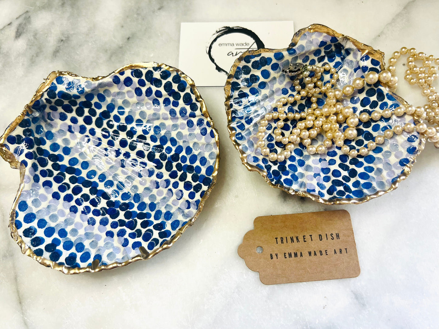 Emma Bridgewater Blue Dot Rainbow scallop shell dish handcrafted from sustainably sourced Dorset shells. Hand finished with real liquid gold leaf and sealed with crystal-clear hard resin. Luxury jewellery dish, trinket tray, ring holder, tea light holder, coastal décor gift, and blue and white home accessory.