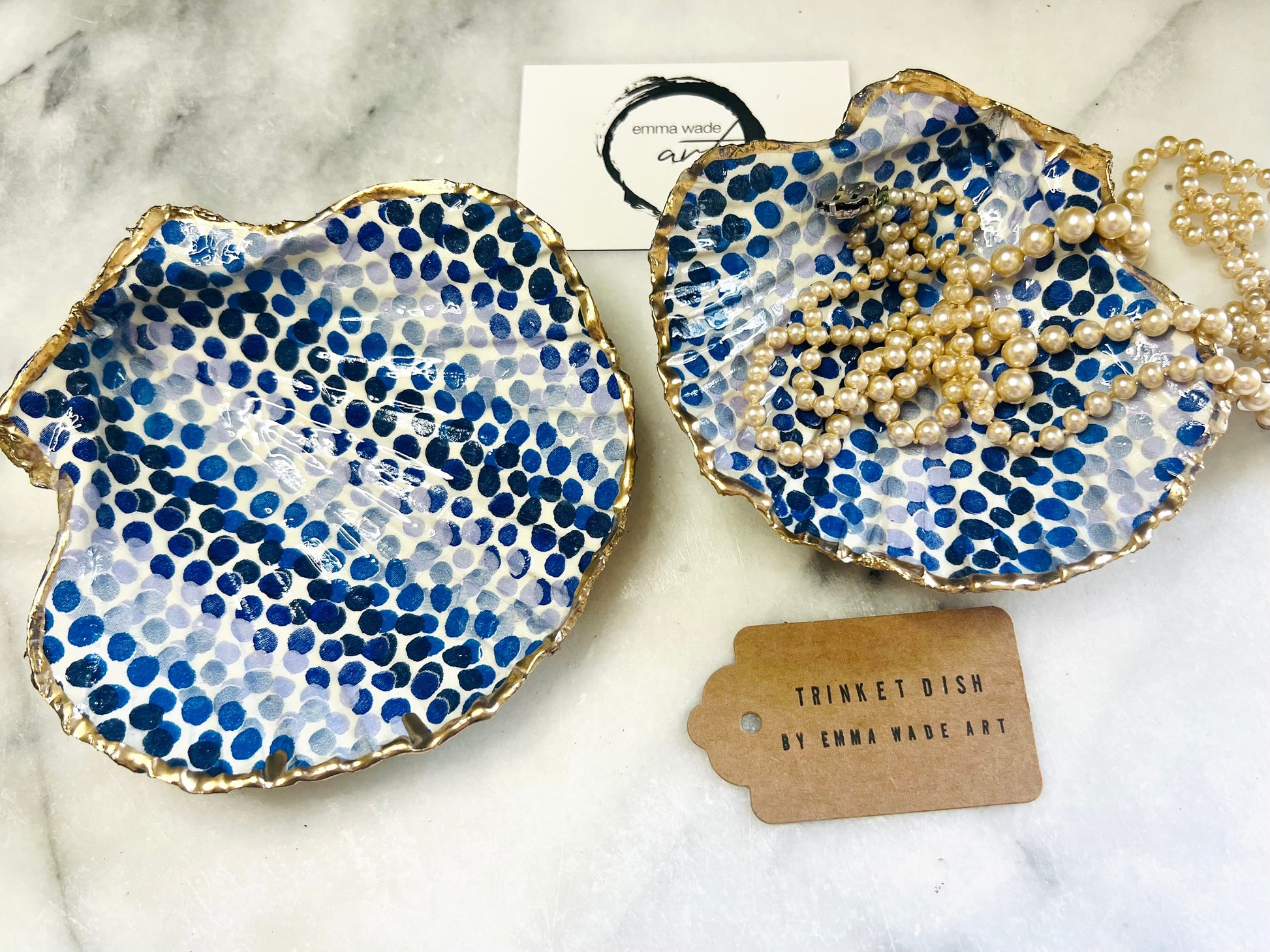 Emma Bridgewater Blue Dot Rainbow scallop shell dish handcrafted from sustainably sourced Dorset shells. Hand finished with real liquid gold leaf and sealed with crystal-clear hard resin. Luxury jewellery dish, trinket tray, ring holder, tea light holder, coastal décor gift, and blue and white home accessory.