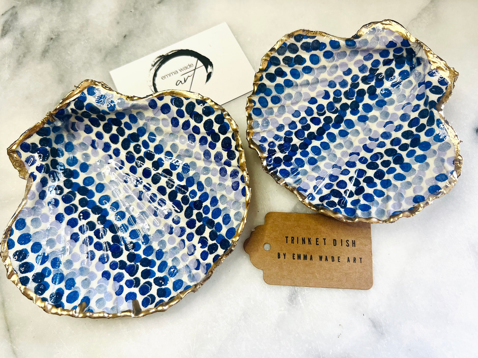 Emma Bridgewater Blue Dot Rainbow scallop shell dish handcrafted from sustainably sourced Dorset shells. Hand finished with real liquid gold leaf and sealed with crystal-clear hard resin. Luxury jewellery dish, trinket tray, ring holder, tea light holder, coastal décor gift, and blue and white home accessory.