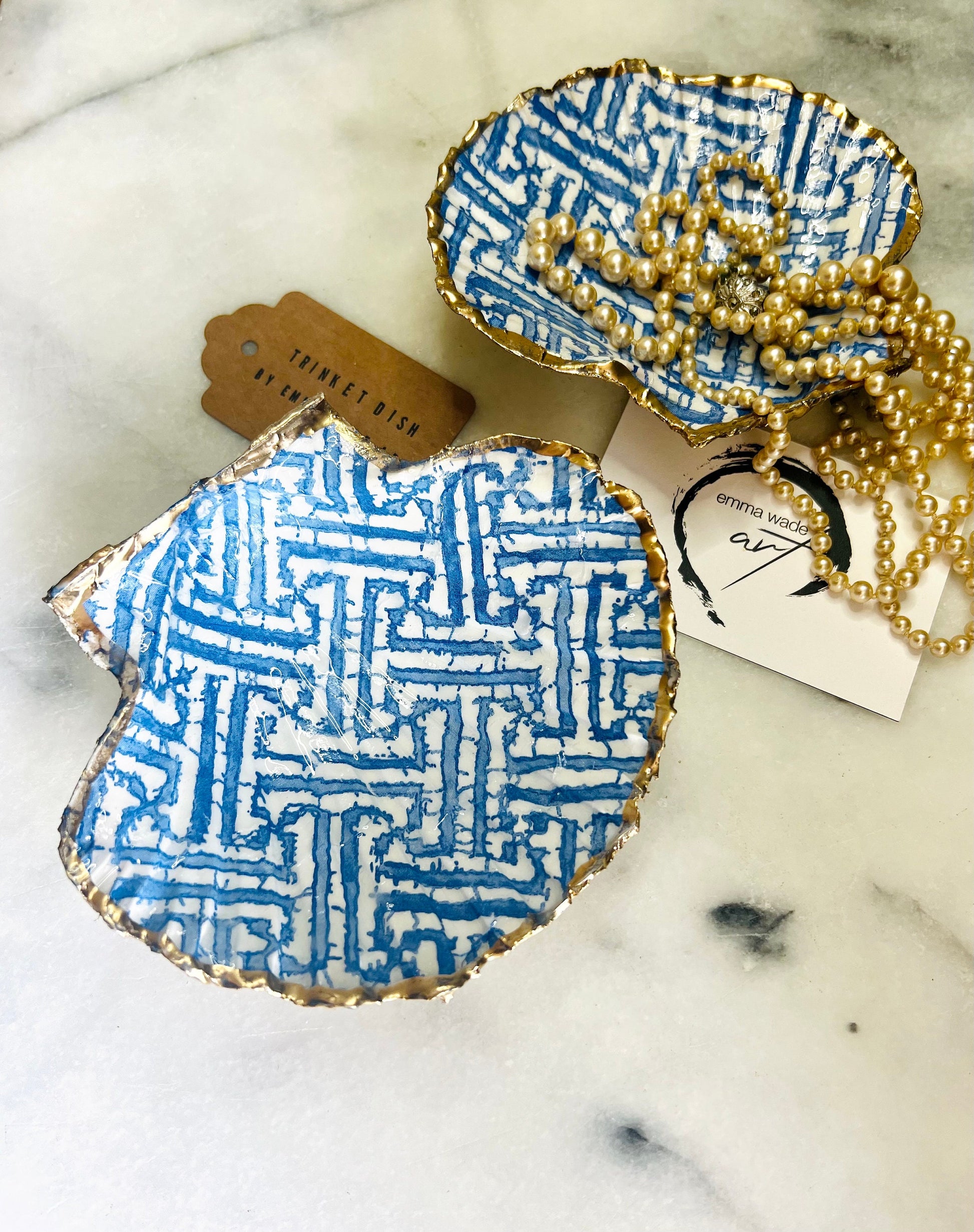 gifts for her, ocean decor, jewellery trinket dish, shell trinket dish, kitchen decor, shell decorations, decorative accessories, decoupaged scallop shell, coastal gift idea, blue and white gift, emmawadeart, christmas gift idea, shell jewellery dish