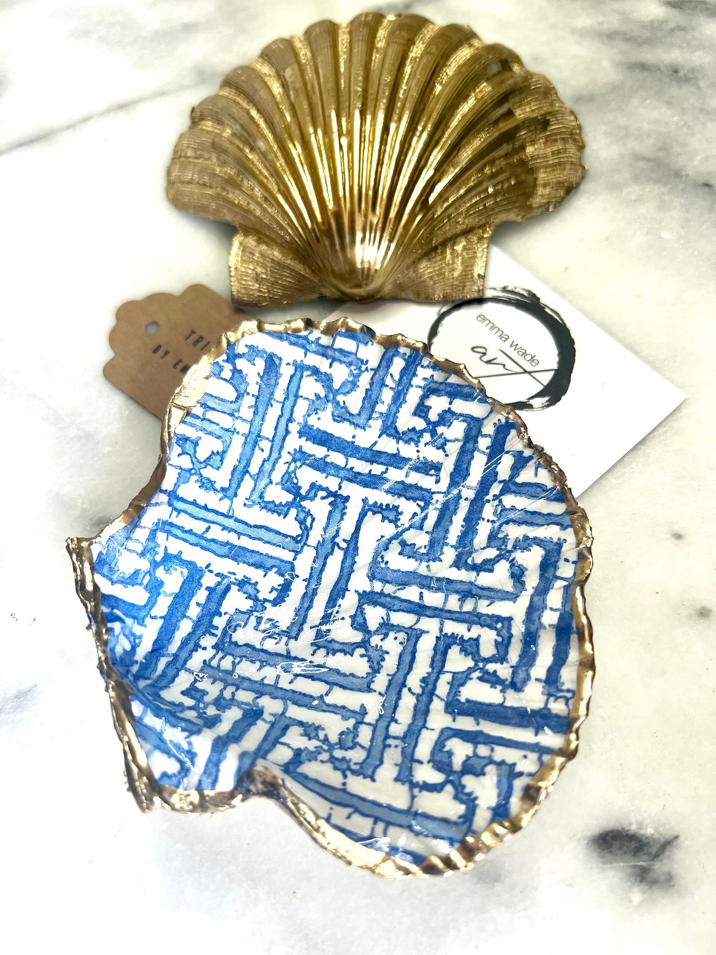 gifts for her, ocean decor, jewellery trinket dish, shell trinket dish, kitchen decor, shell decorations, decorative accessories, decoupaged scallop shell, coastal gift idea, blue and white gift, emmawadeart, christmas gift idea, shell jewellery dish