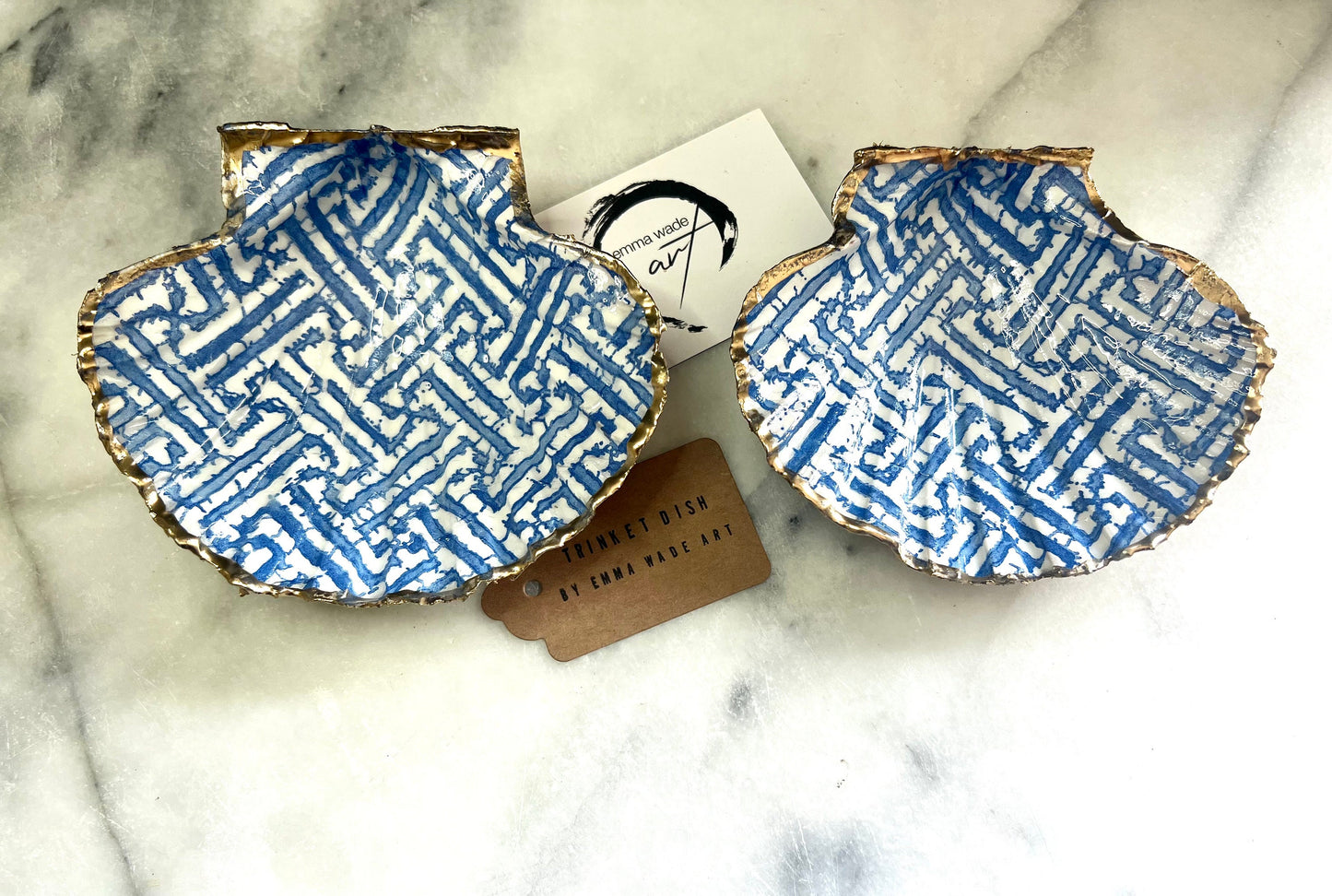 gifts for her, ocean decor, jewellery trinket dish, shell trinket dish, kitchen decor, shell decorations, decorative accessories, decoupaged scallop shell, coastal gift idea, blue and white gift, emmawadeart, christmas gift idea, shell jewellery dish