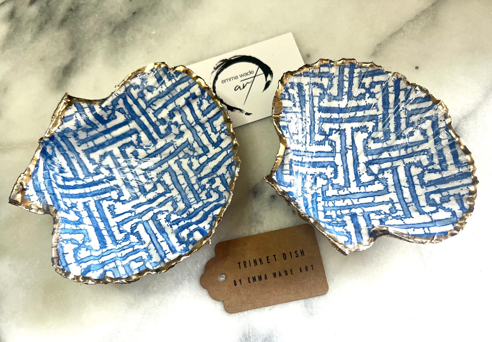 gifts for her, ocean decor, jewellery trinket dish, shell trinket dish, kitchen decor, shell decorations, decorative accessories, decoupaged scallop shell, coastal gift idea, blue and white gift, emmawadeart, christmas gift idea, shell jewellery dish