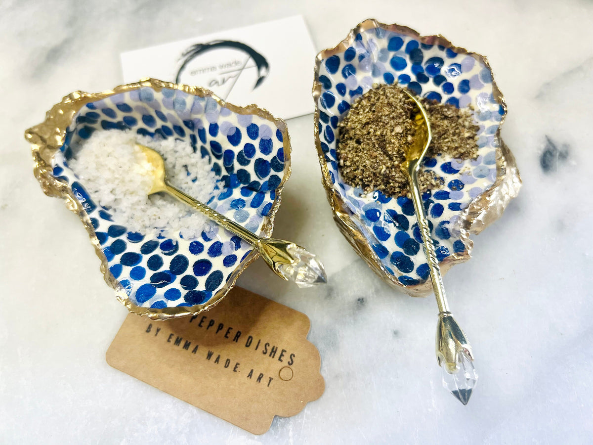 Emma Bridgewater Rainbow Blue Dots Oyster Shell Cruet Set, handmade Dorset salt and pepper pinch pots, gold leaf gilded oyster shells, coastal salt gift, unique wedding tableware, handmade UK shell decor, ocean-inspired kitchen accessory, oyster shell salt dishes, eco-friendly nautical dining gift, oyster cruet set for anniversaries, coastal home decor, oyster shell serving pots with optional gold crystal spoons.