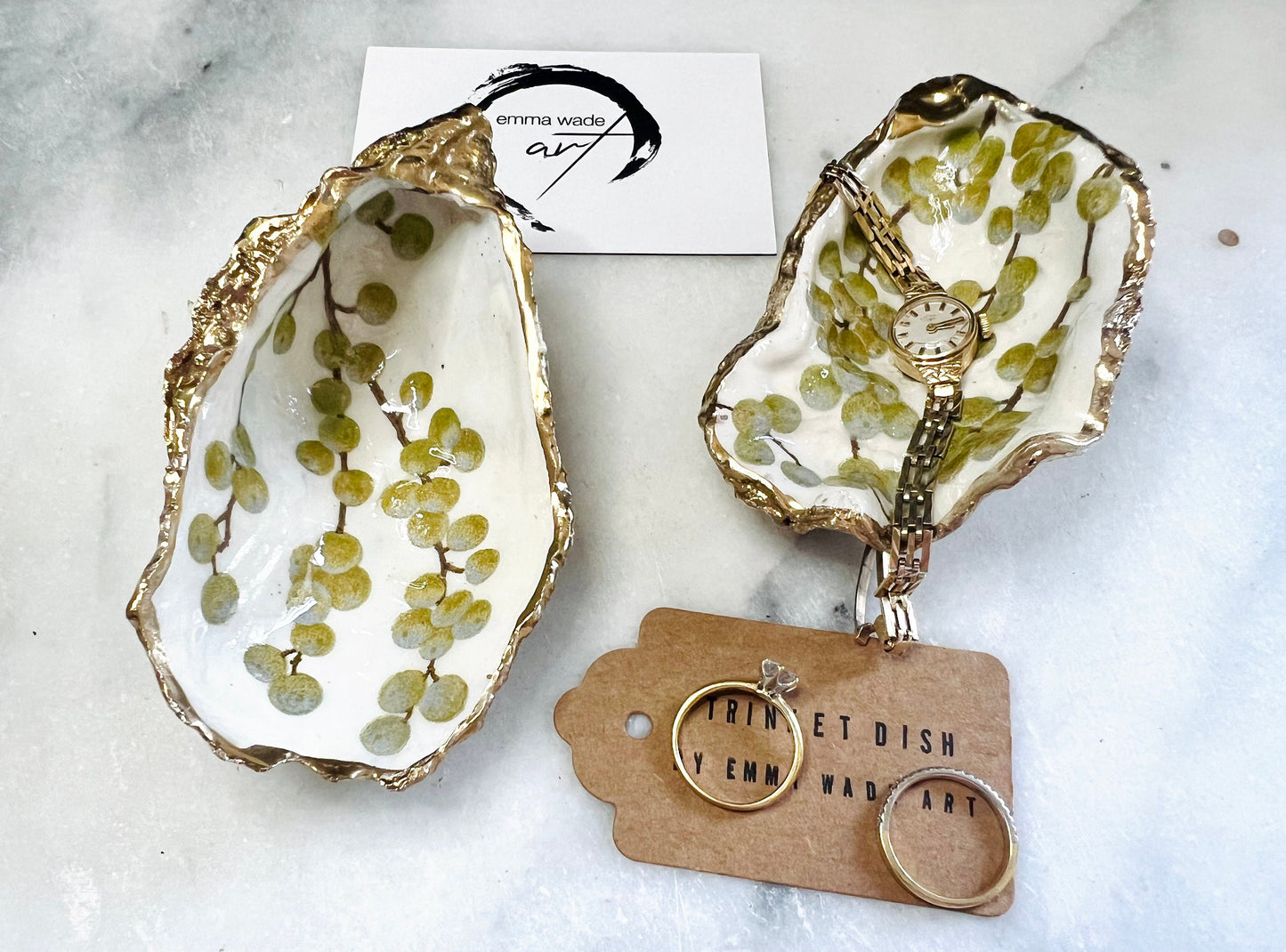White Berries Dorset Oyster Ring Shell Dish: Gold Gilded Shell Jewelry Tray, Coastal Decor, Host gift