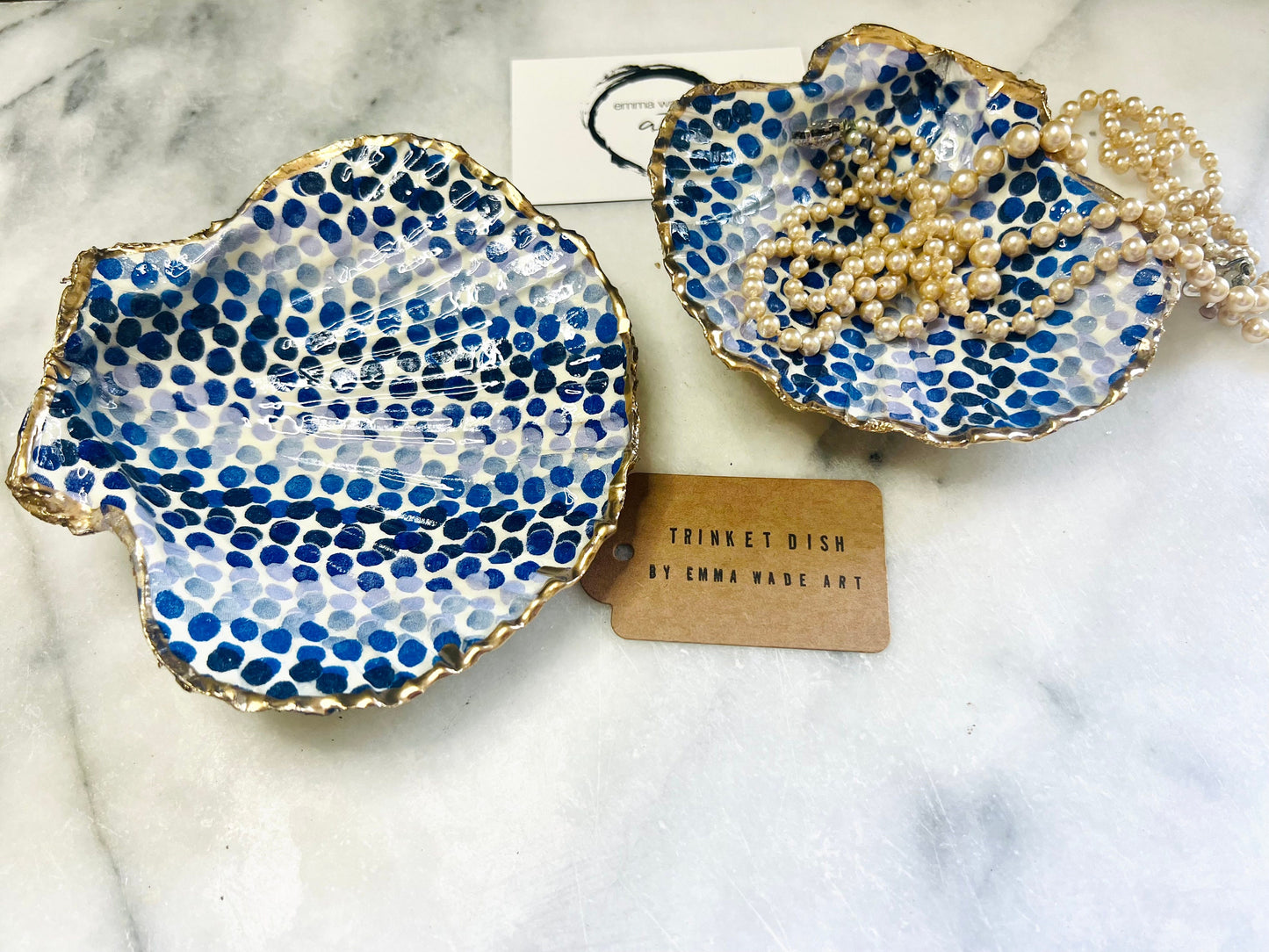 Emma Bridgewater Blue Dot Rainbow scallop shell dish handcrafted from sustainably sourced Dorset shells. Hand finished with real liquid gold leaf and sealed with crystal-clear hard resin. Luxury jewellery dish, trinket tray, ring holder, tea light holder, coastal décor gift, and blue and white home accessory.