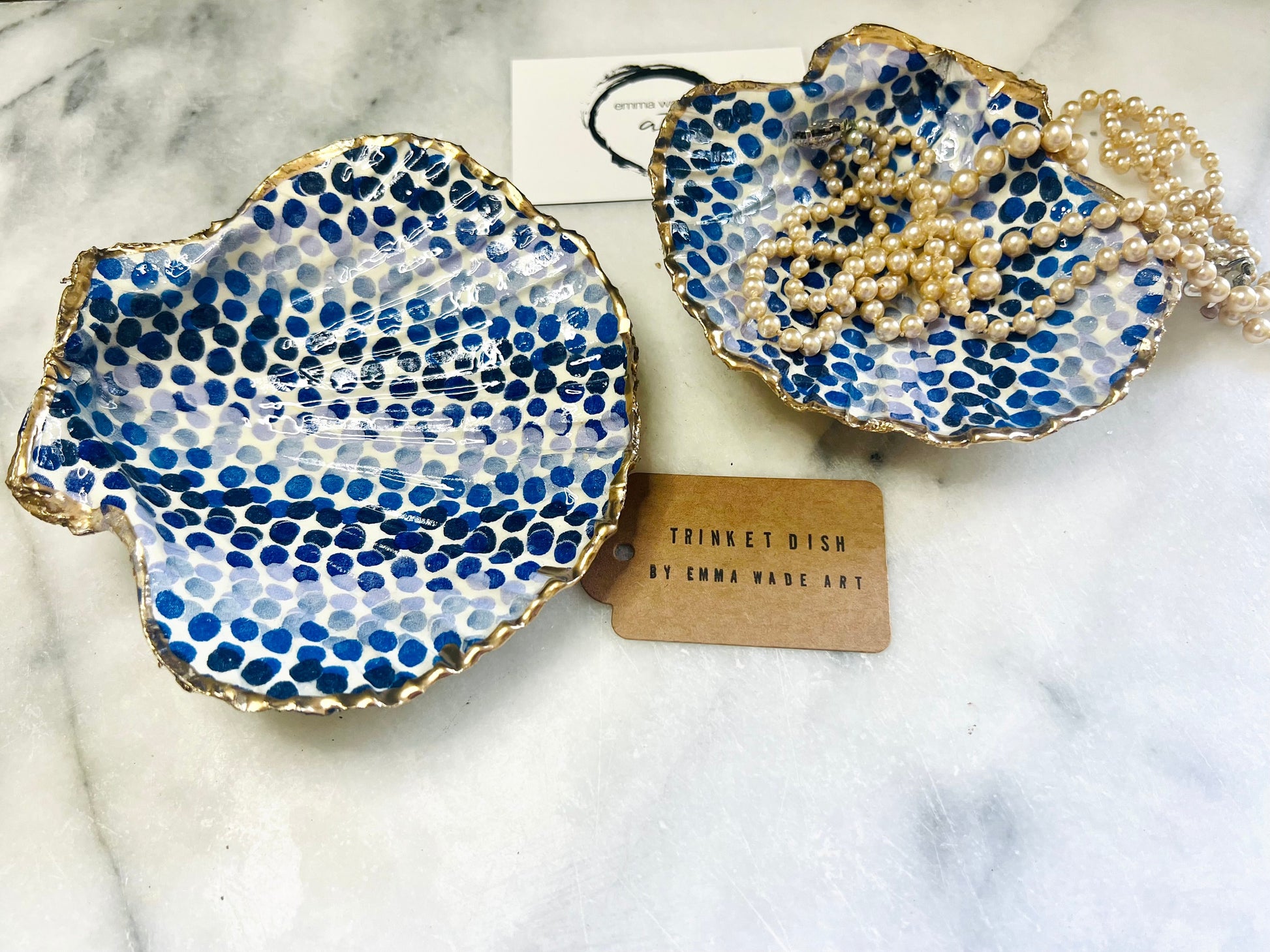Emma Bridgewater Blue Dot Rainbow scallop shell dish handcrafted from sustainably sourced Dorset shells. Hand finished with real liquid gold leaf and sealed with crystal-clear hard resin. Luxury jewellery dish, trinket tray, ring holder, tea light holder, coastal décor gift, and blue and white home accessory.
