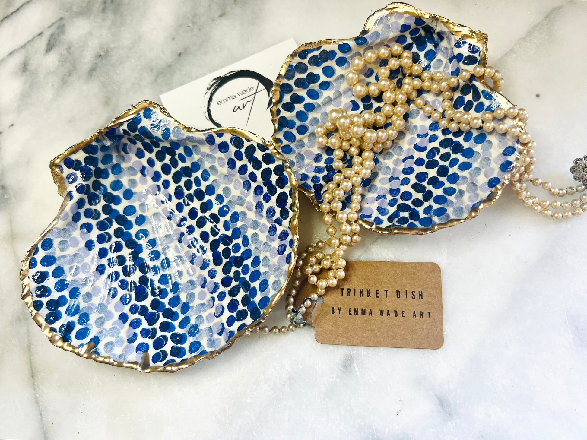 Emma Bridgewater Blue Dot Rainbow scallop shell dish handcrafted from sustainably sourced Dorset shells. Hand finished with real liquid gold leaf and sealed with crystal-clear hard resin. Luxury jewellery dish, trinket tray, ring holder, tea light holder, coastal décor gift, and blue and white home accessory.