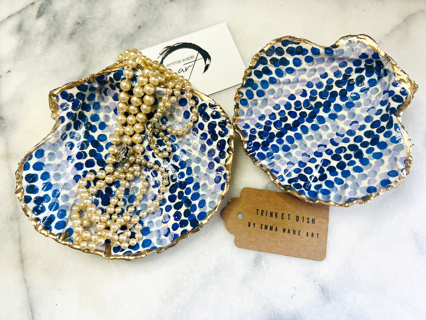 Emma Bridgewater Blue Dot Rainbow scallop shell dish handcrafted from sustainably sourced Dorset shells. Hand finished with real liquid gold leaf and sealed with crystal-clear hard resin. Luxury jewellery dish, trinket tray, ring holder, tea light holder, coastal décor gift, and blue and white home accessory.