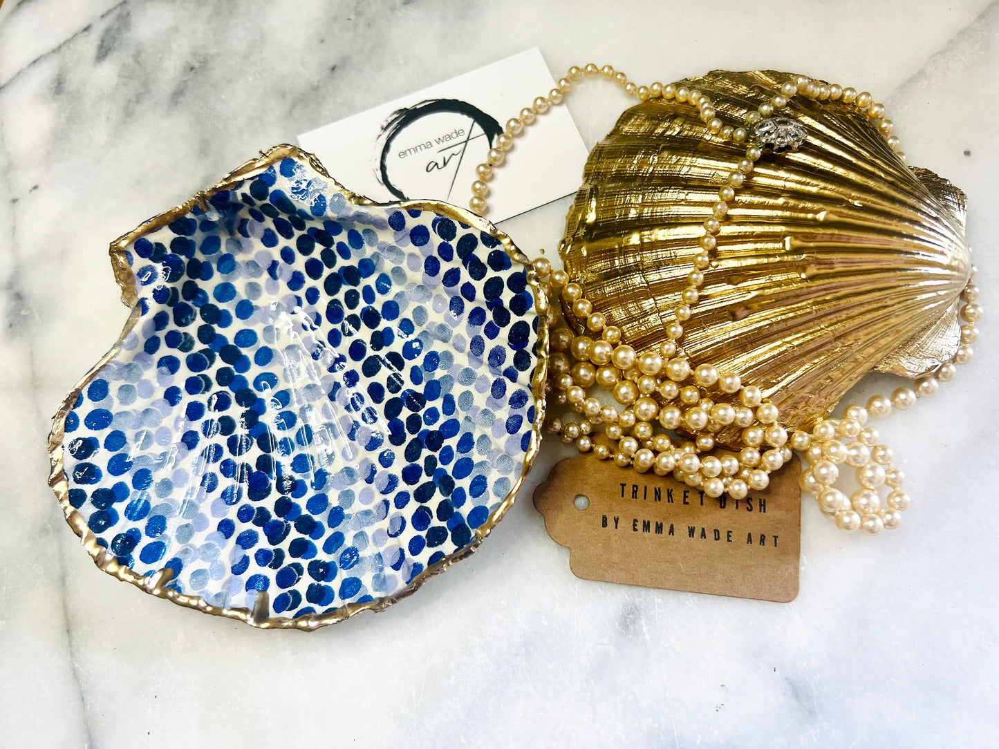 Emma Bridgewater Blue Dot Rainbow scallop shell dish handcrafted from sustainably sourced Dorset shells. Hand finished with real liquid gold leaf and sealed with crystal-clear hard resin. Luxury jewellery dish, trinket tray, ring holder, tea light holder, coastal décor gift, and blue and white home accessory.