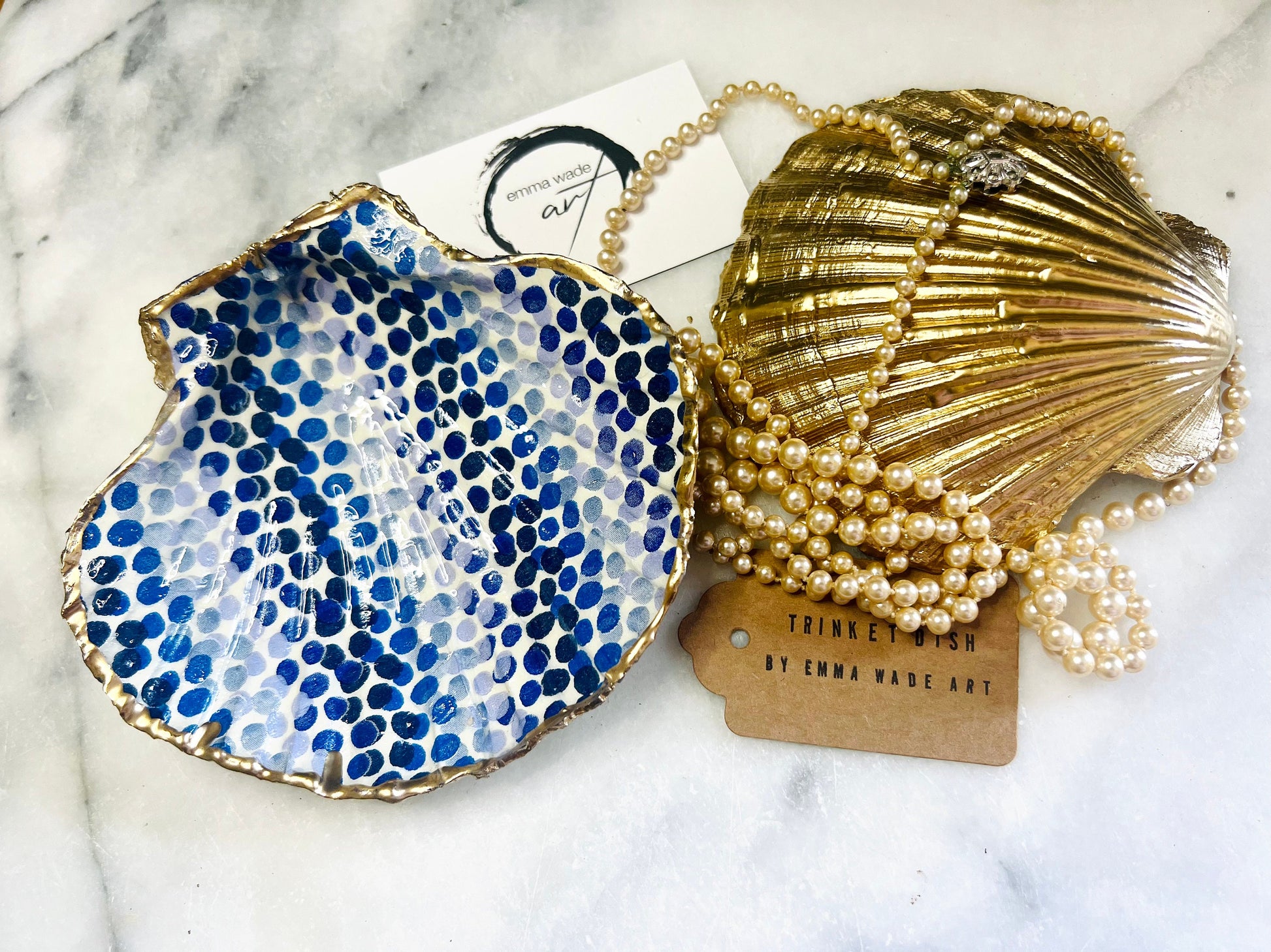 Emma Bridgewater Blue Dot Rainbow scallop shell dish handcrafted from sustainably sourced Dorset shells. Hand finished with real liquid gold leaf and sealed with crystal-clear hard resin. Luxury jewellery dish, trinket tray, ring holder, tea light holder, coastal décor gift, and blue and white home accessory.