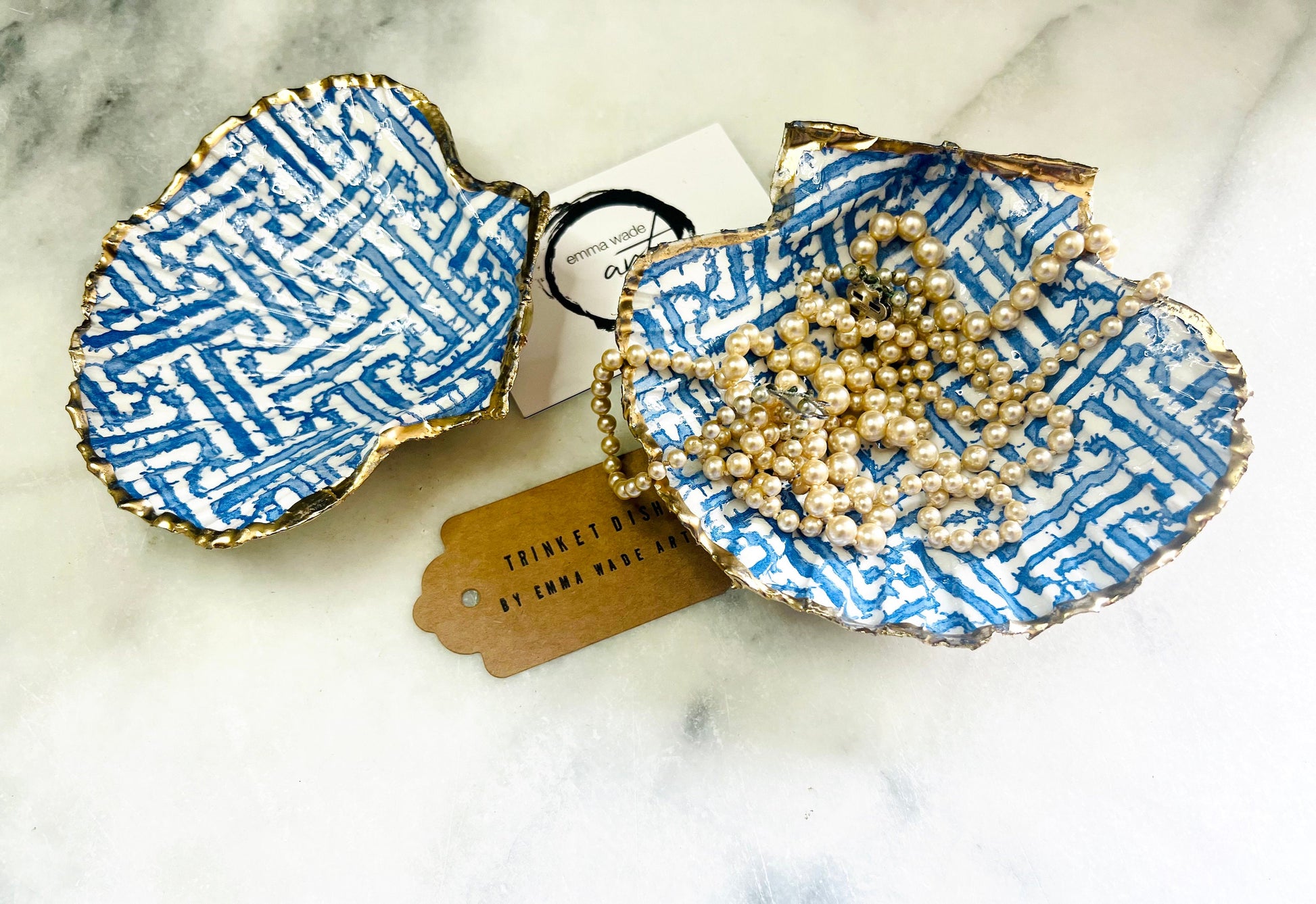 gifts for her, ocean decor, jewellery trinket dish, shell trinket dish, kitchen decor, shell decorations, decorative accessories, decoupaged scallop shell, coastal gift idea, blue and white gift, emmawadeart, christmas gift idea, shell jewellery dish