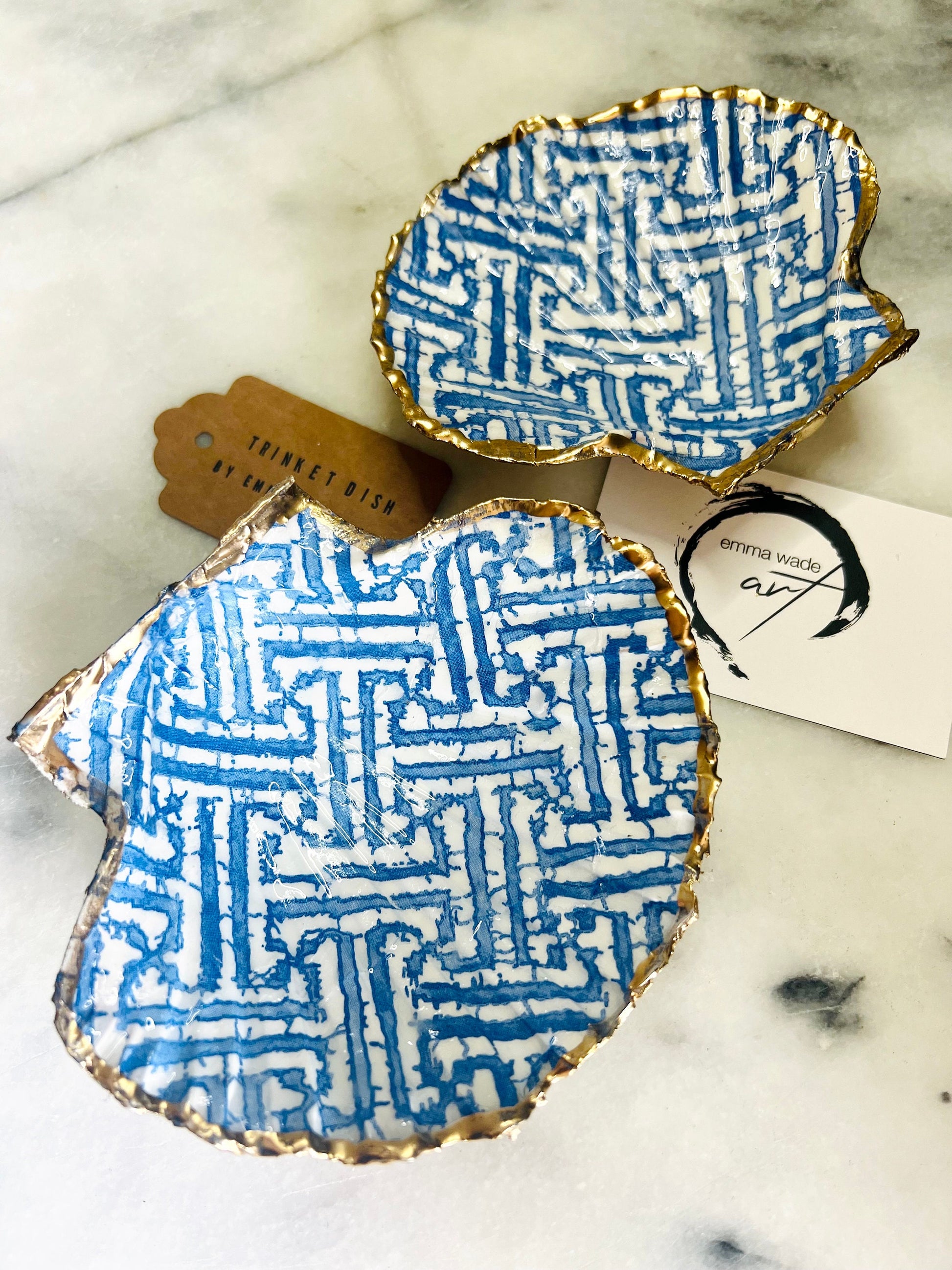 gifts for her, ocean decor, jewellery trinket dish, shell trinket dish, kitchen decor, shell decorations, decorative accessories, decoupaged scallop shell, coastal gift idea, blue and white gift, emmawadeart, christmas gift idea, shell jewellery dish