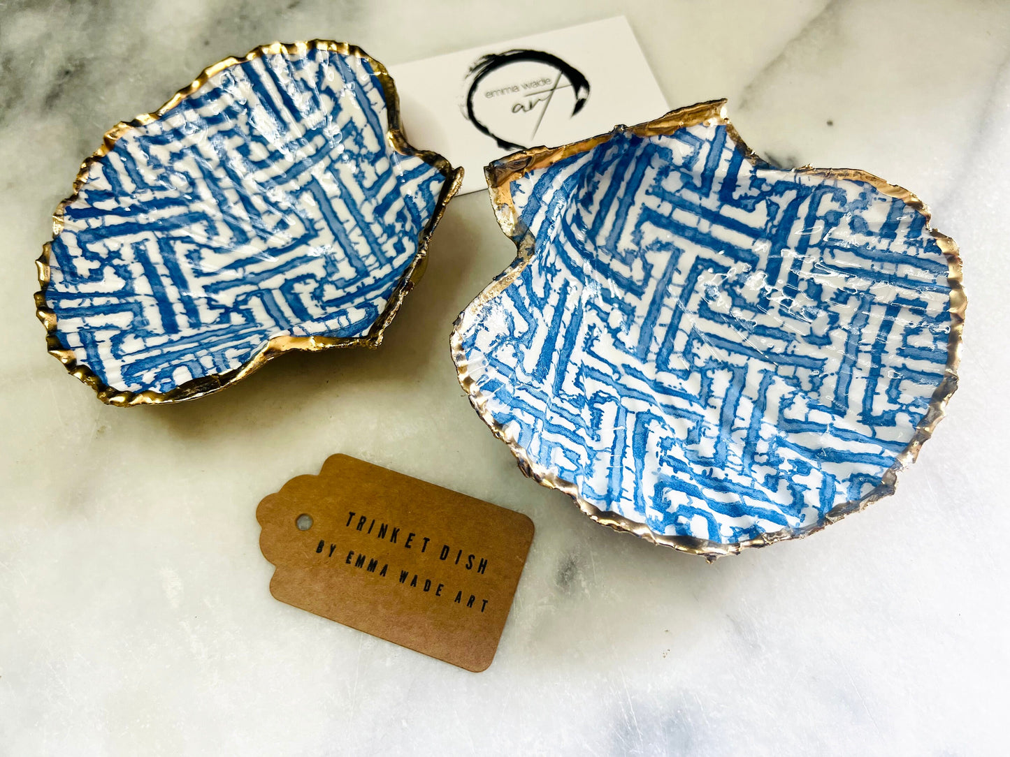 gifts for her, ocean decor, jewellery trinket dish, shell trinket dish, kitchen decor, shell decorations, decorative accessories, decoupaged scallop shell, coastal gift idea, blue and white gift, emmawadeart, christmas gift idea, shell jewellery dish