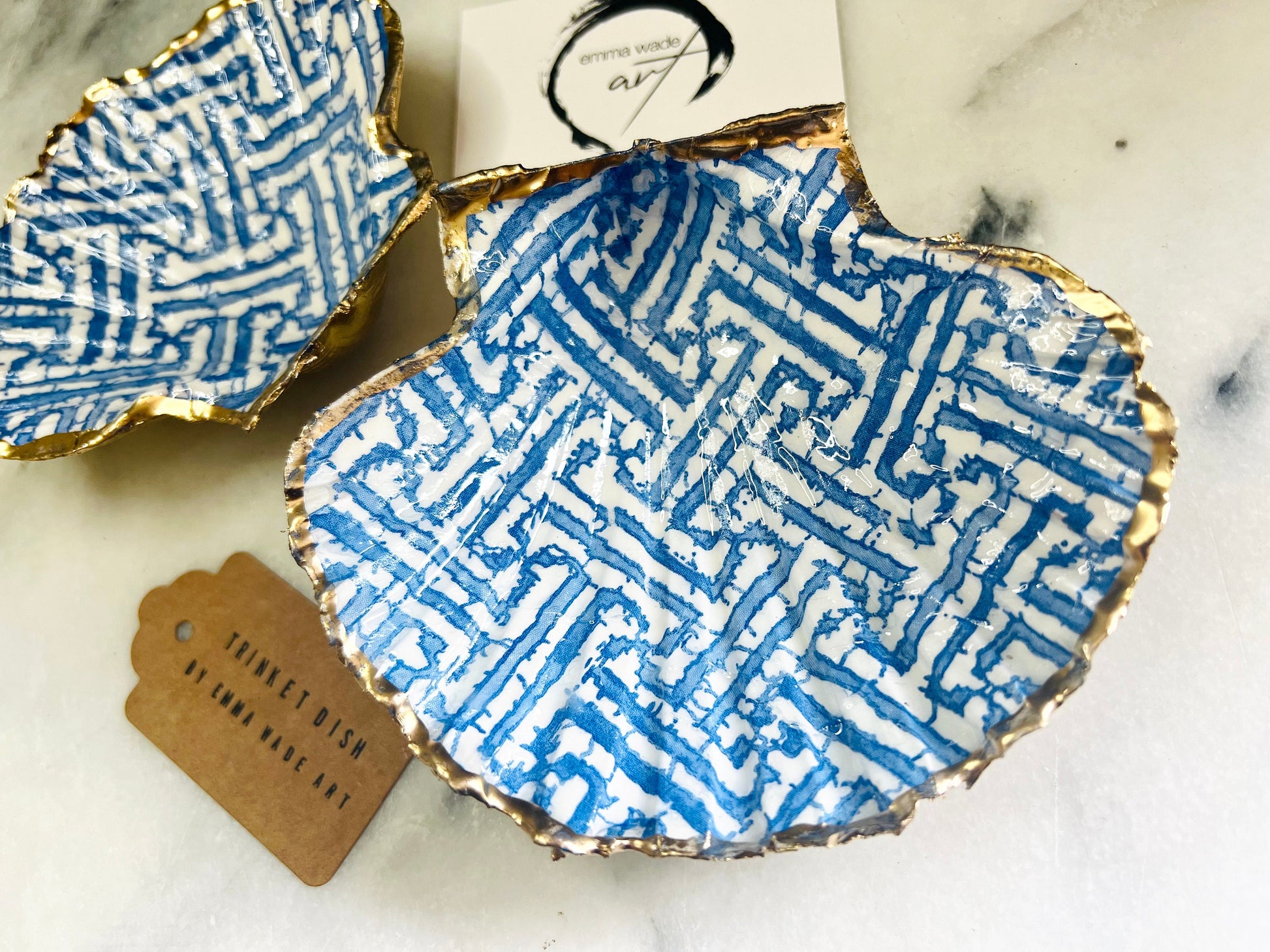 gifts for her, ocean decor, jewellery trinket dish, shell trinket dish, kitchen decor, shell decorations, decorative accessories, decoupaged scallop shell, coastal gift idea, blue and white gift, emmawadeart, christmas gift idea, shell jewellery dish