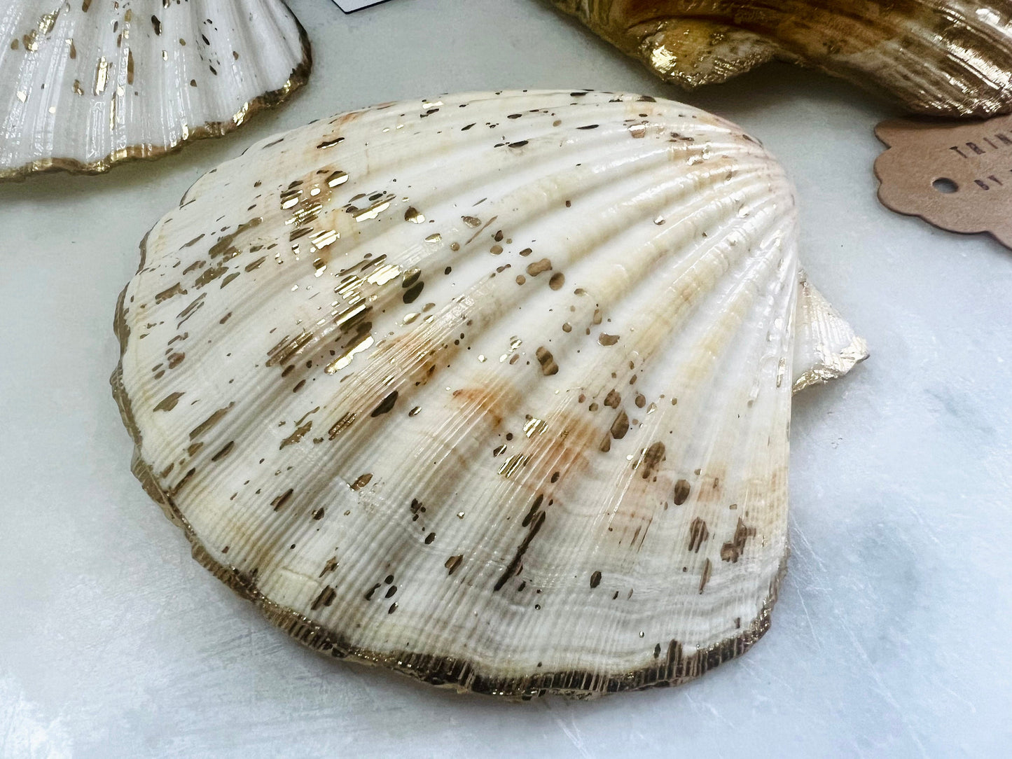 Handmade Dorset scallop shell trinket dishes featuring natural white shells with delicate liquid gold leaf speckling, hand-painted gold leaf edging and glossy crystal clear resin. Luxury coastal jewellery dishes styled on a white marble background with elegant neutral tones and artisan coastal home décor styling.