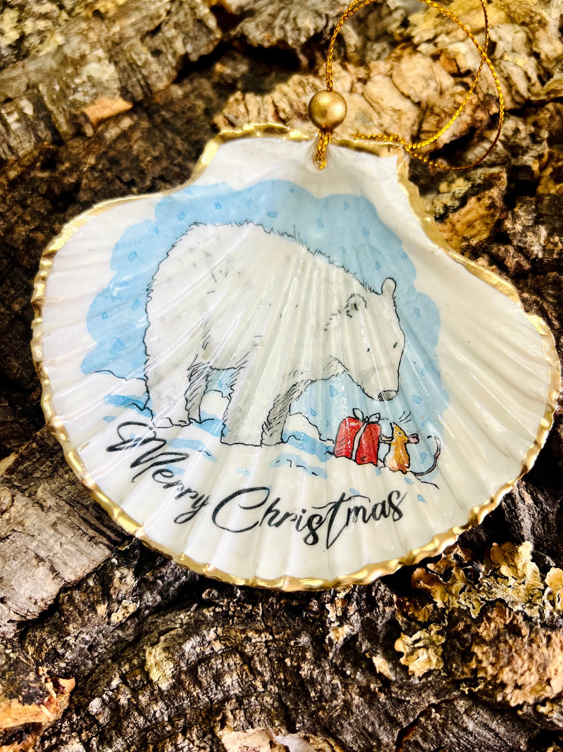 Christmas Bear Ornament: Dorset Shell Trinket Dish, Hanging Decoration