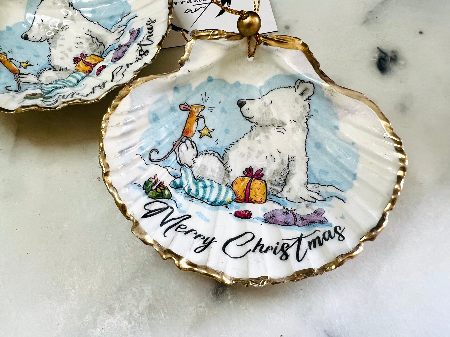 Scallop Shell Christmas Bear Hanging Ornament: Gilded with gold leaf, Festive Decor, Traditional Bauble